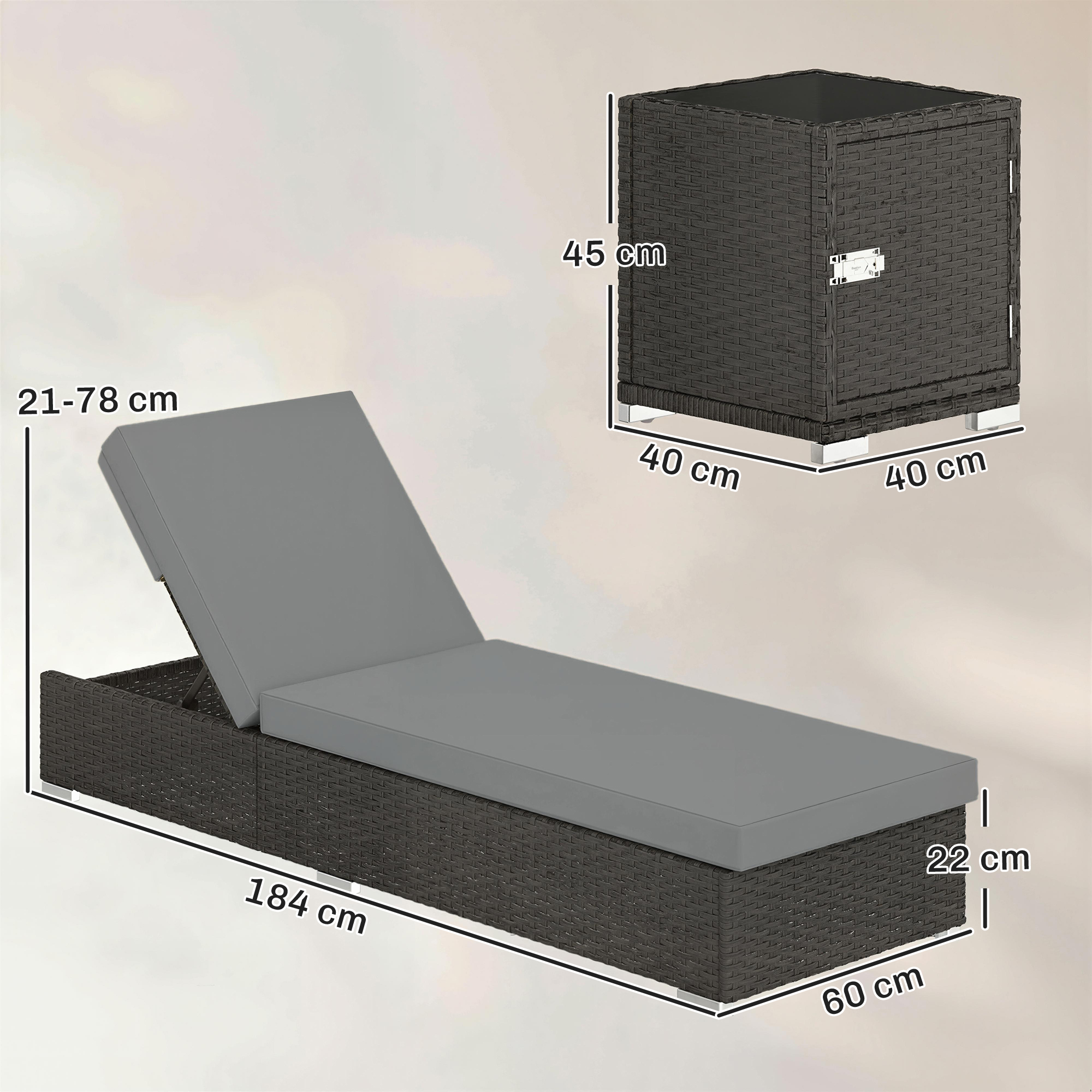  Set 2 sezlonguri de Gradina din Ratan cu Masuta Laterala si Spatar Reglabil, 184x60x22 cm, Gri inchis [2]