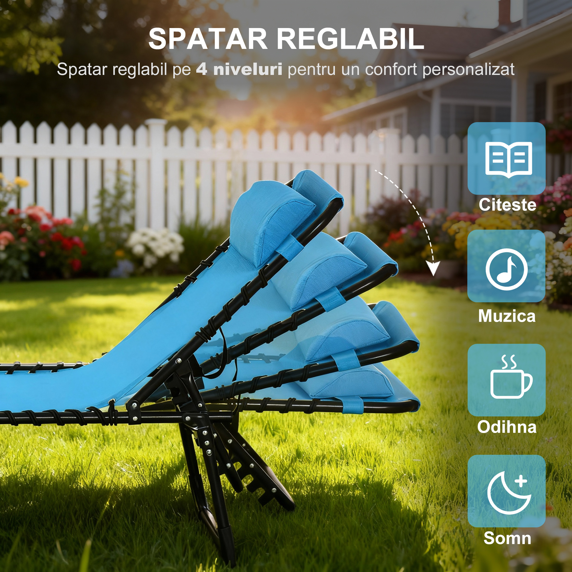  sezlong Pliabil cu Spatar Reglabil, Cadru din Otel si Material Textil Tip Plasa, 189x58x30 cm, Albastru [3]
