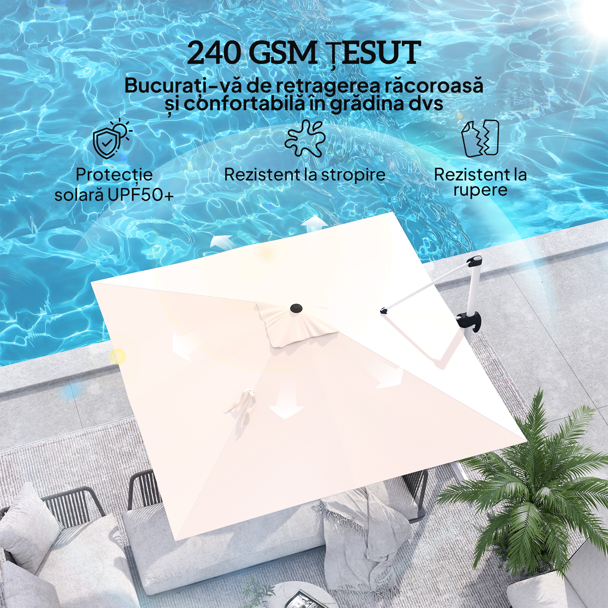  Umbrela Suspendata inclinabila cu Manivela si Baza in Cruce, UPF50+, Kaki [3]