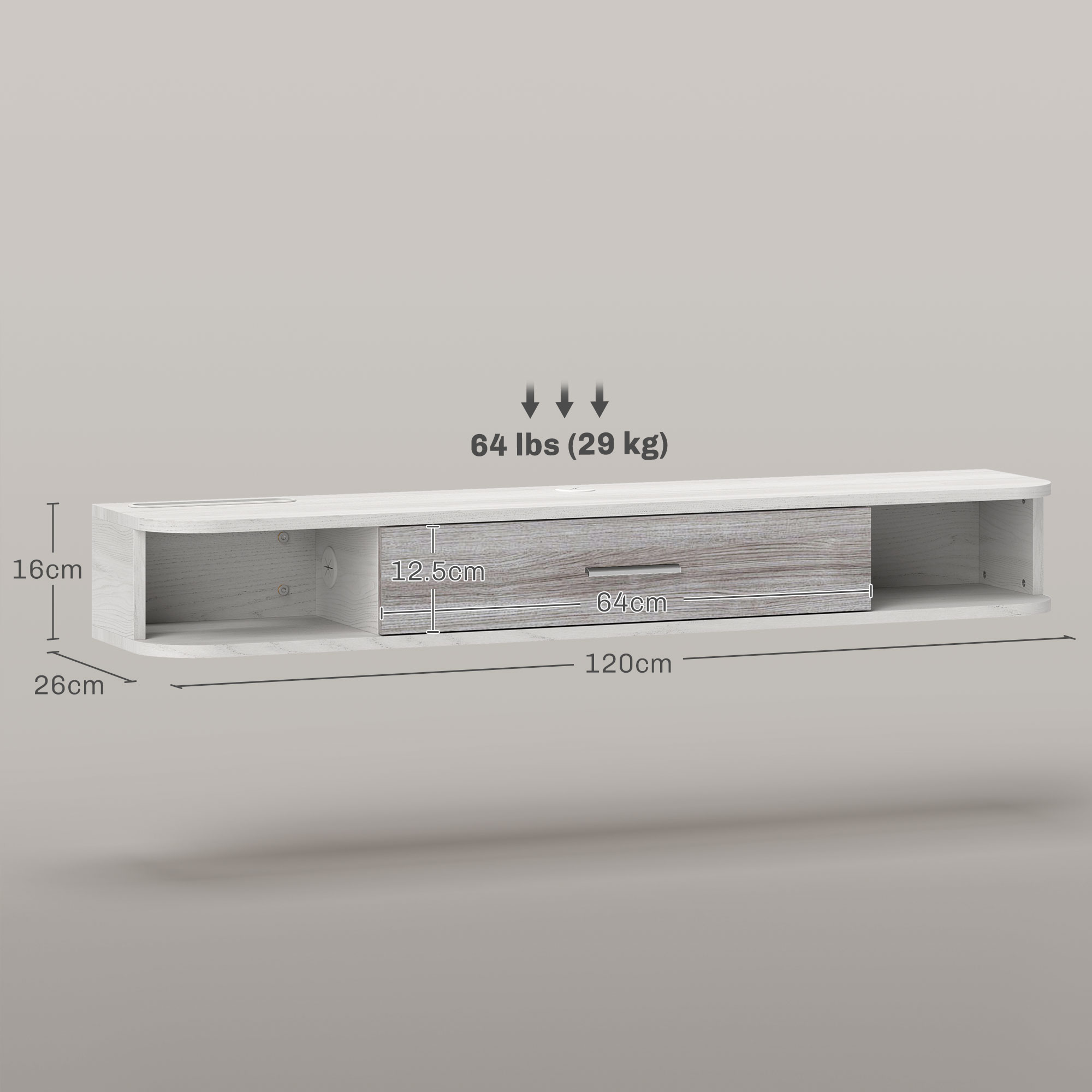  Dulap TV Suspendat din Lemn cu 2 Rafturi Deschise si Dulap, 120x26x16 cm, Alb si Gri [2]
