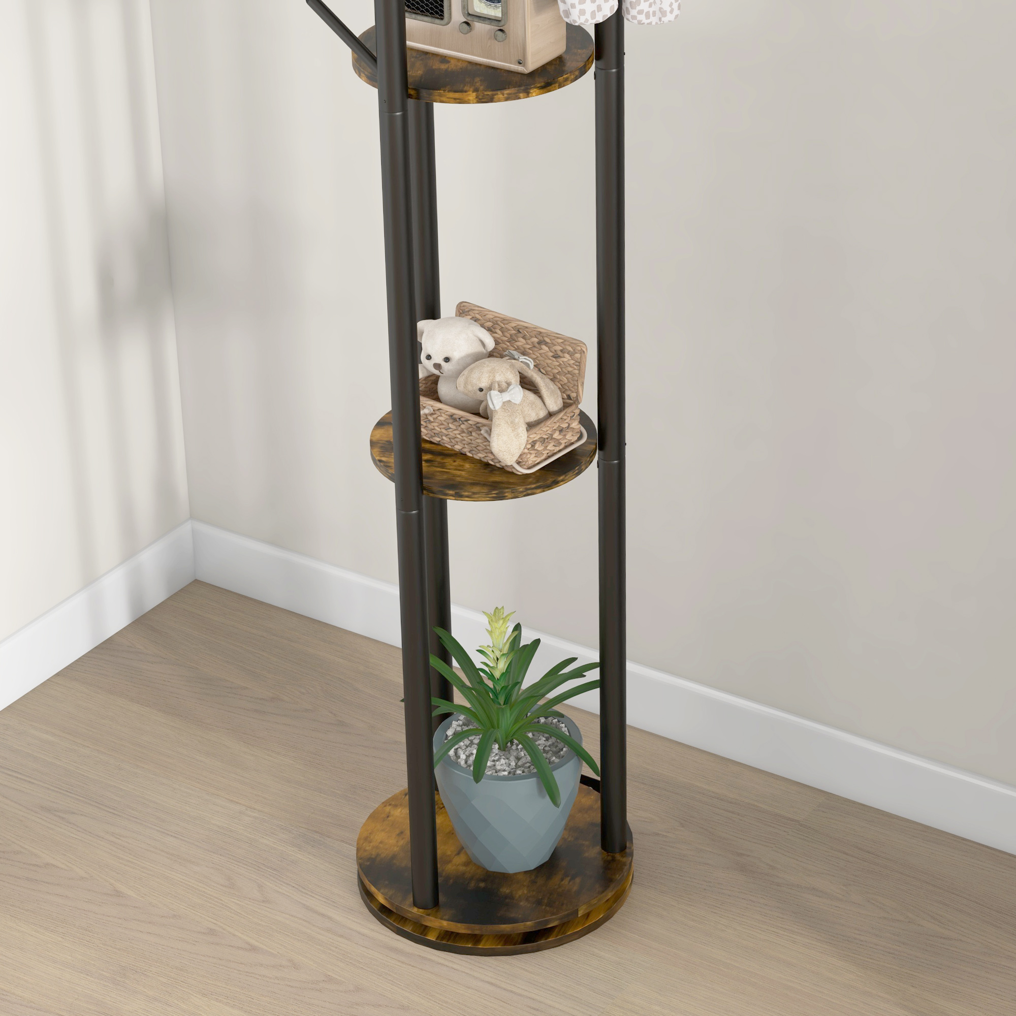  Cuier rotativ de podea cu 8 carlige si 4 rafturi, stil industrial, Ø30x175cm, maro [8]