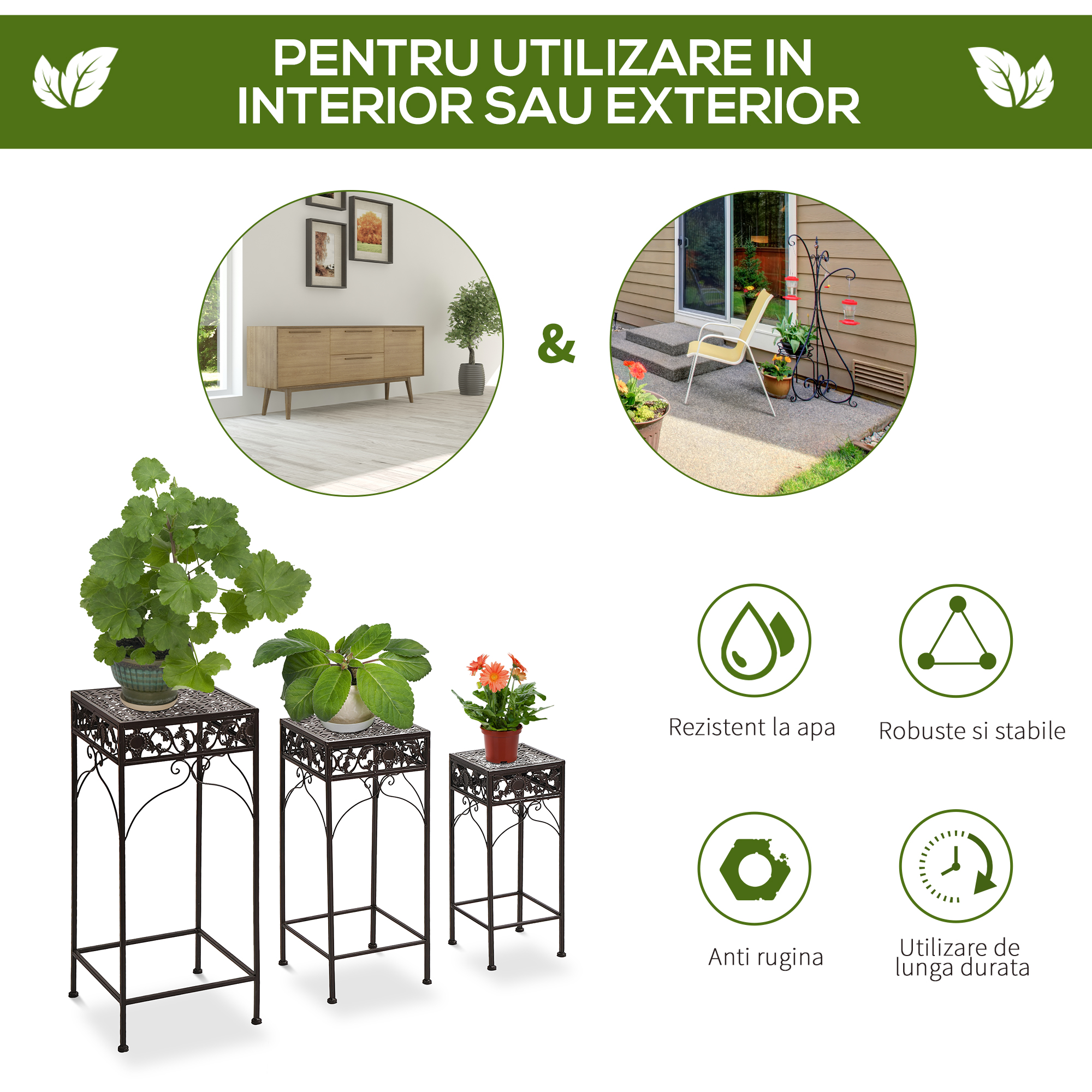  Set de 3 Bucati Scaune Suport pentru Plante Clasic din Fier Sgabelli Supporto per Piante Classico in Ferro, MARO [6]