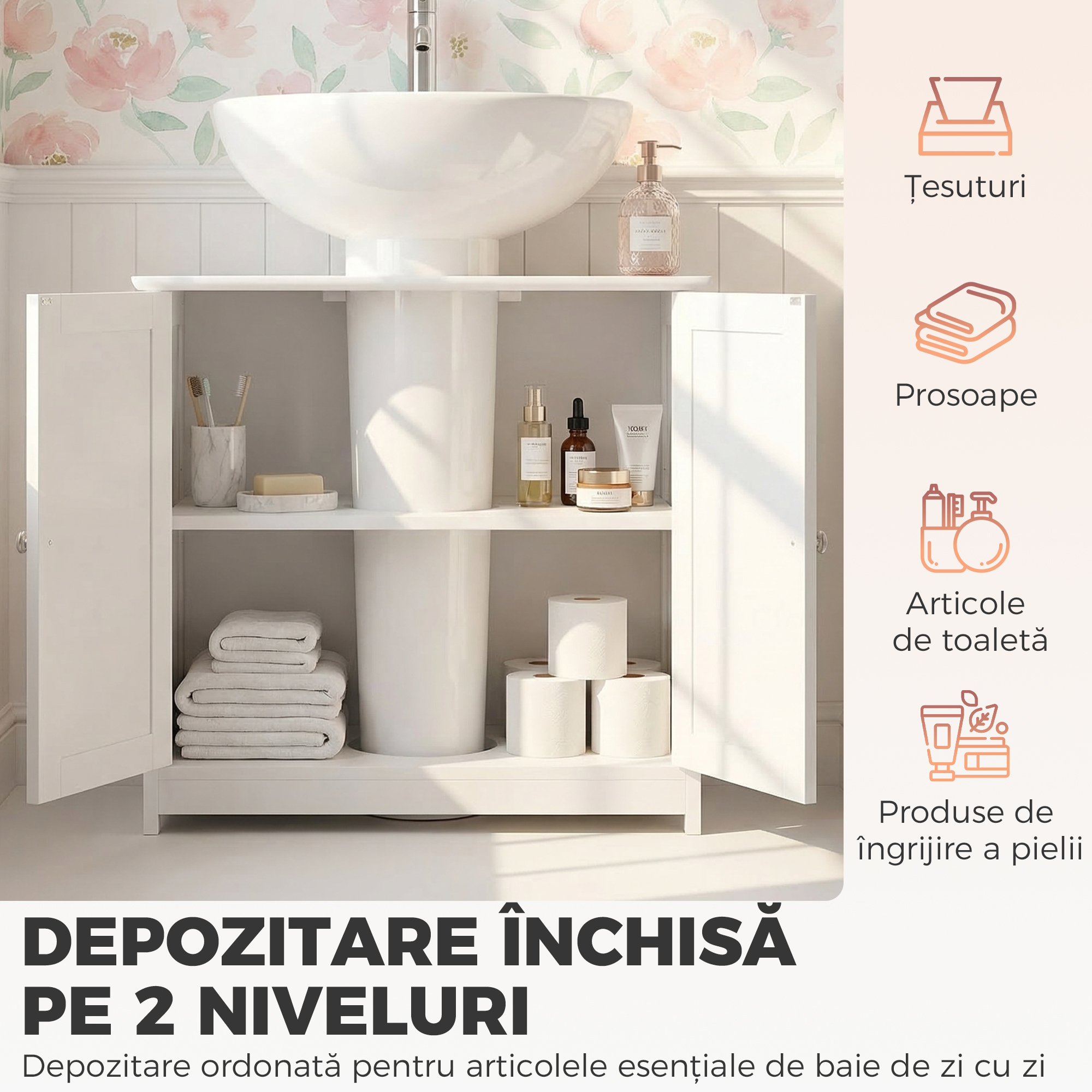  Dulap Sub Chiuveta cu 2 Usi, Raft Reglabil si Decupaj in Forma de U, 60x30x60 cm, Alb [5]
