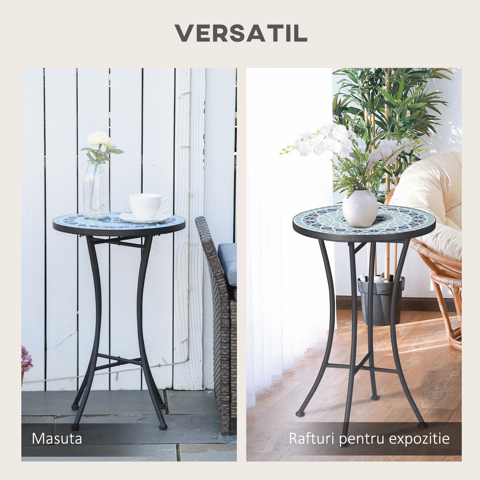 Masuta de Gradina Rotunda din Metal  cu Blat din Ceramica, Design tip Mozaic, Ф35,5x53,5 cm, Albastru [4]