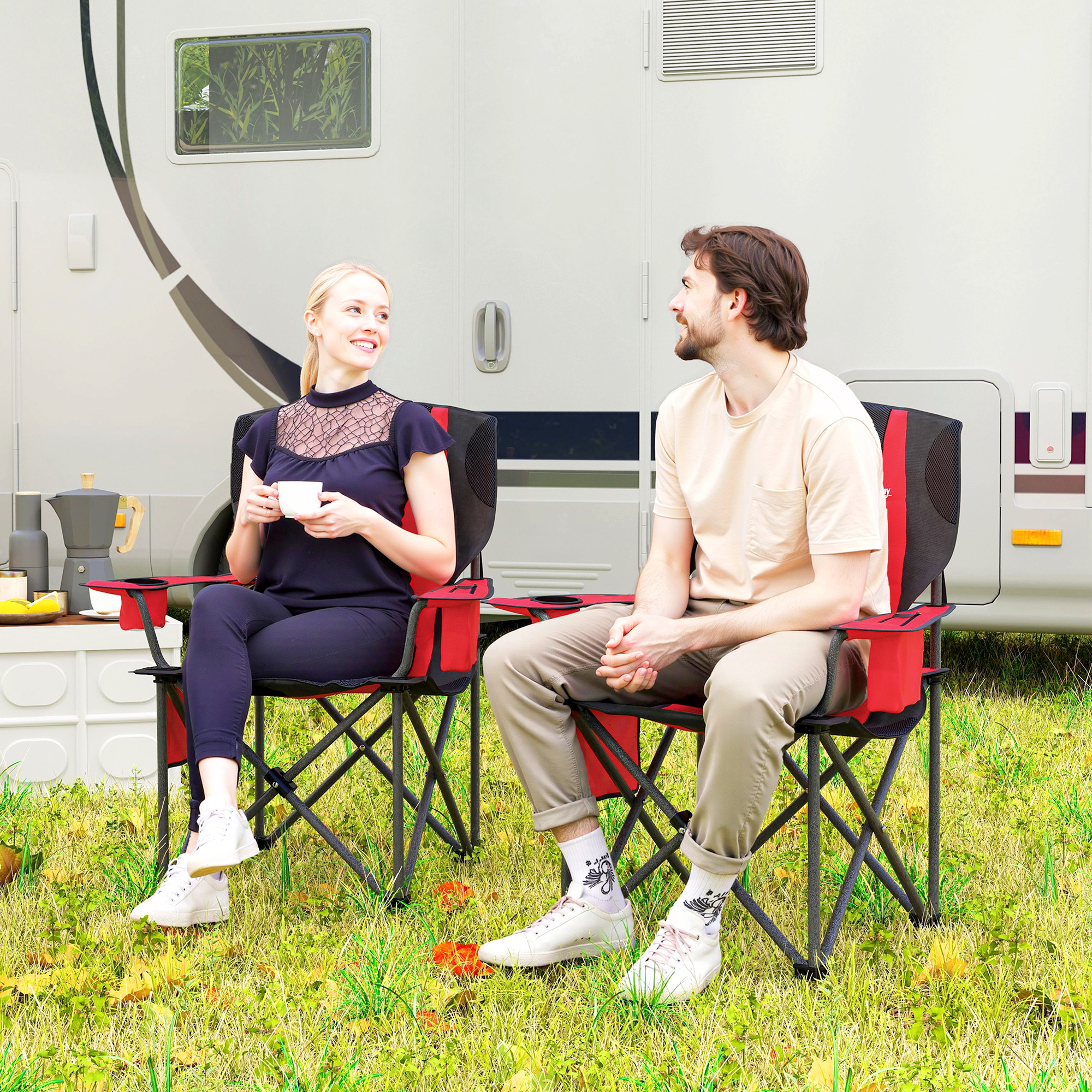 Set  de 2 Scaune de Camping Pliabile cu Cooler, Suport de Pahare si 2 Buzunare, 94x62x100 cm, Rosu [7]