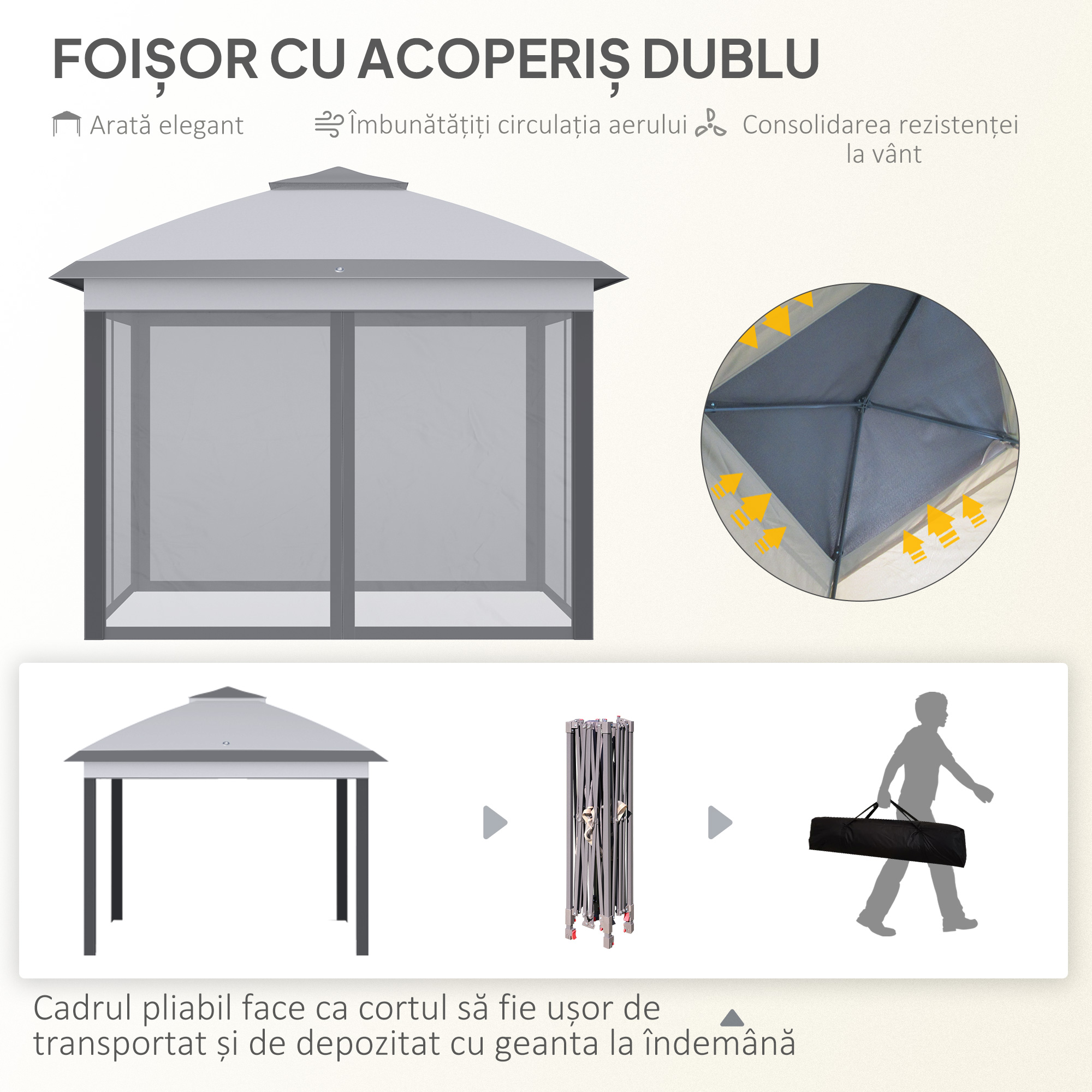  Foisor Pliabil cu Plasa de tantari, Baldachin Dublu, inaltime Reglabila si Geanta, 330x330x288 cm, Bej [3]