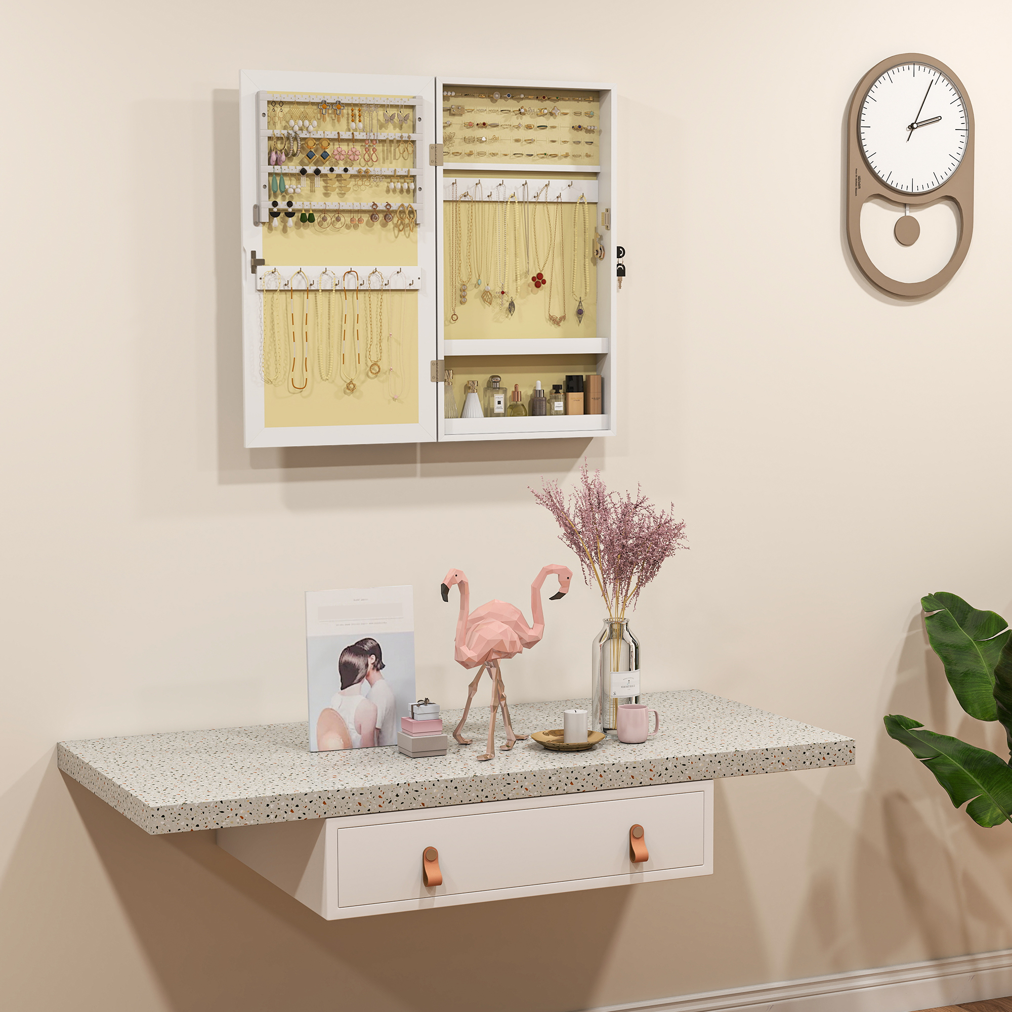  Dulapior Oglinda pentru Bijuterii Montabil pe Perete cu 2 Chei, din MDF, Alb [6]