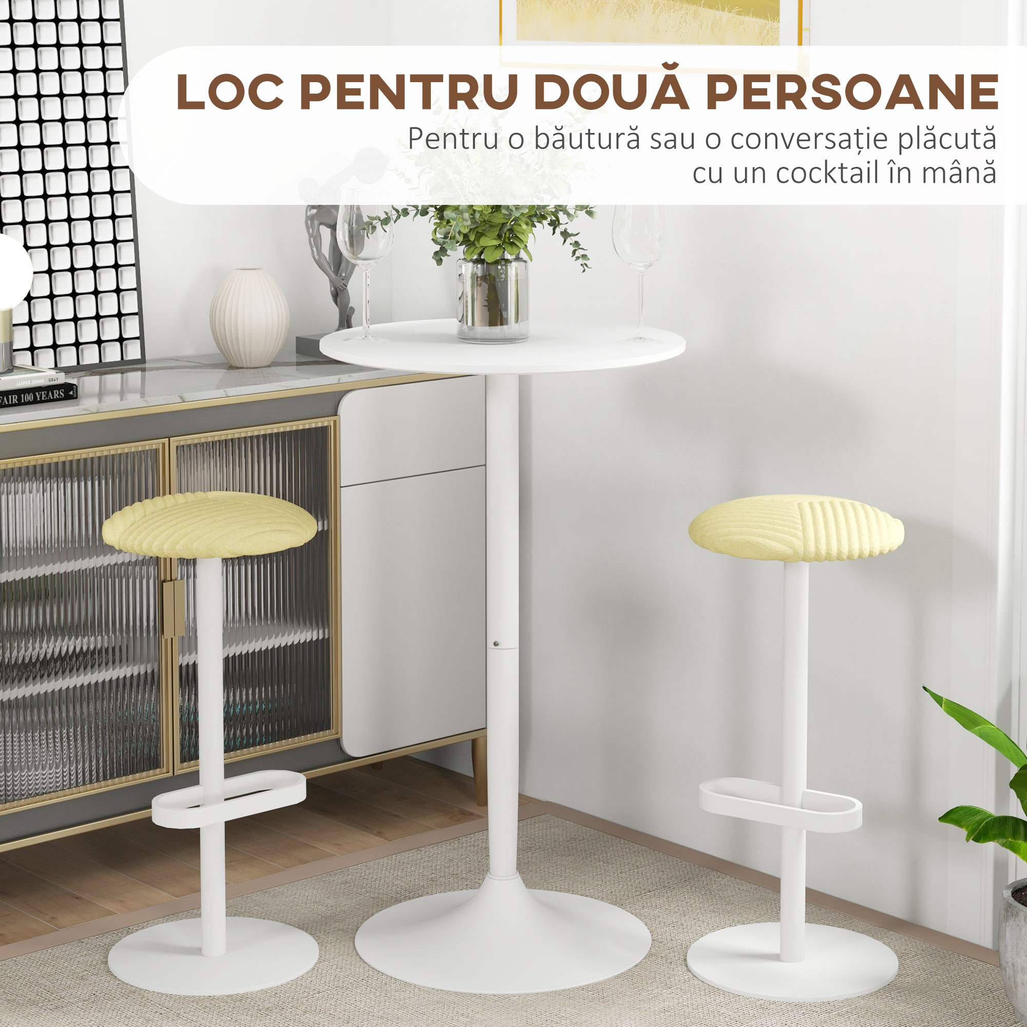 , Masa de Bar, Cu Blat Rotund si Baza, MDF, Otel, 60 x 60 x 102 cm, Alb [3]