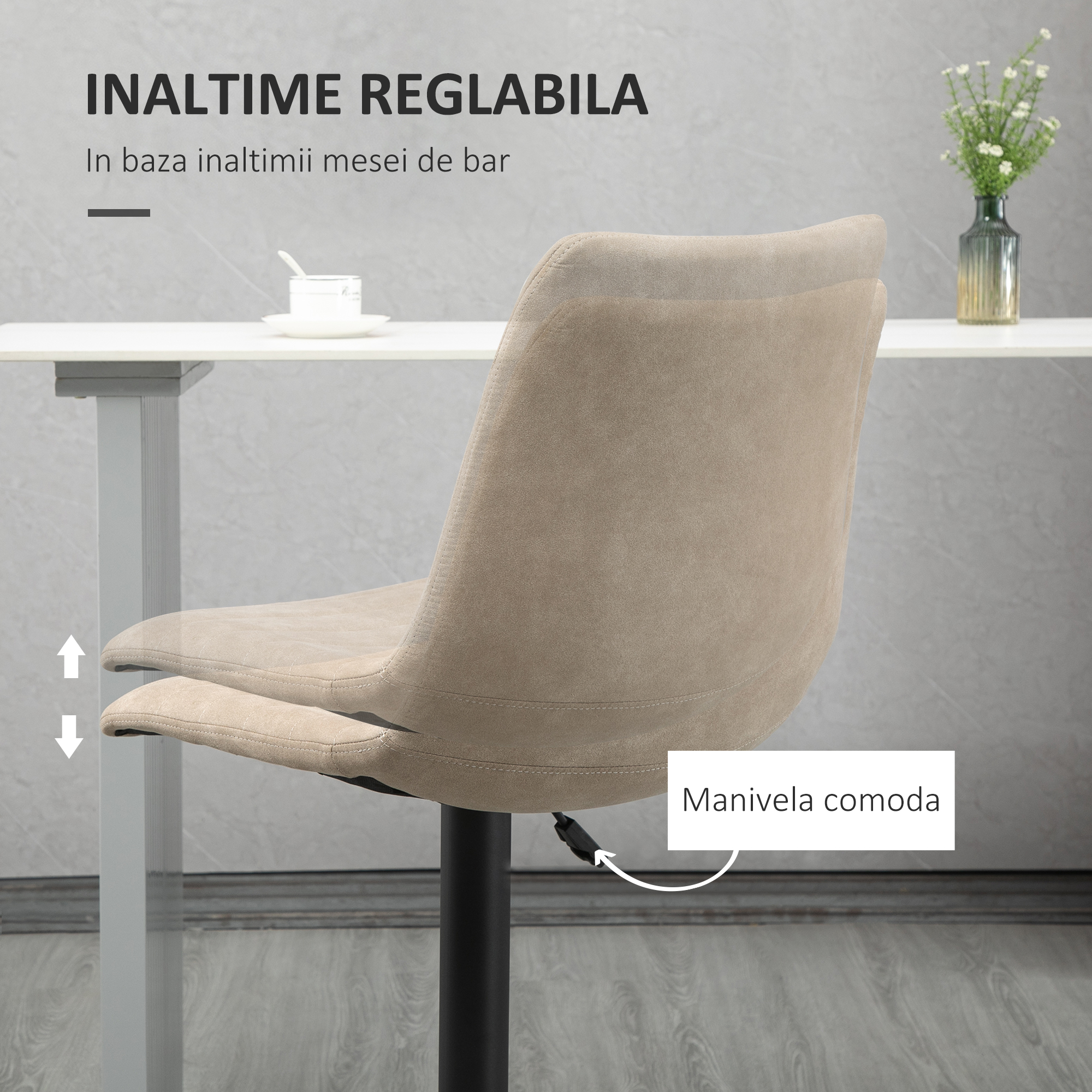  Set de scaune de bar reglabile pe inaltime 2 piese cu suport pentru picioare, otel si poliester, 47,5x57,5x95-116 cm, maro deschis [4]