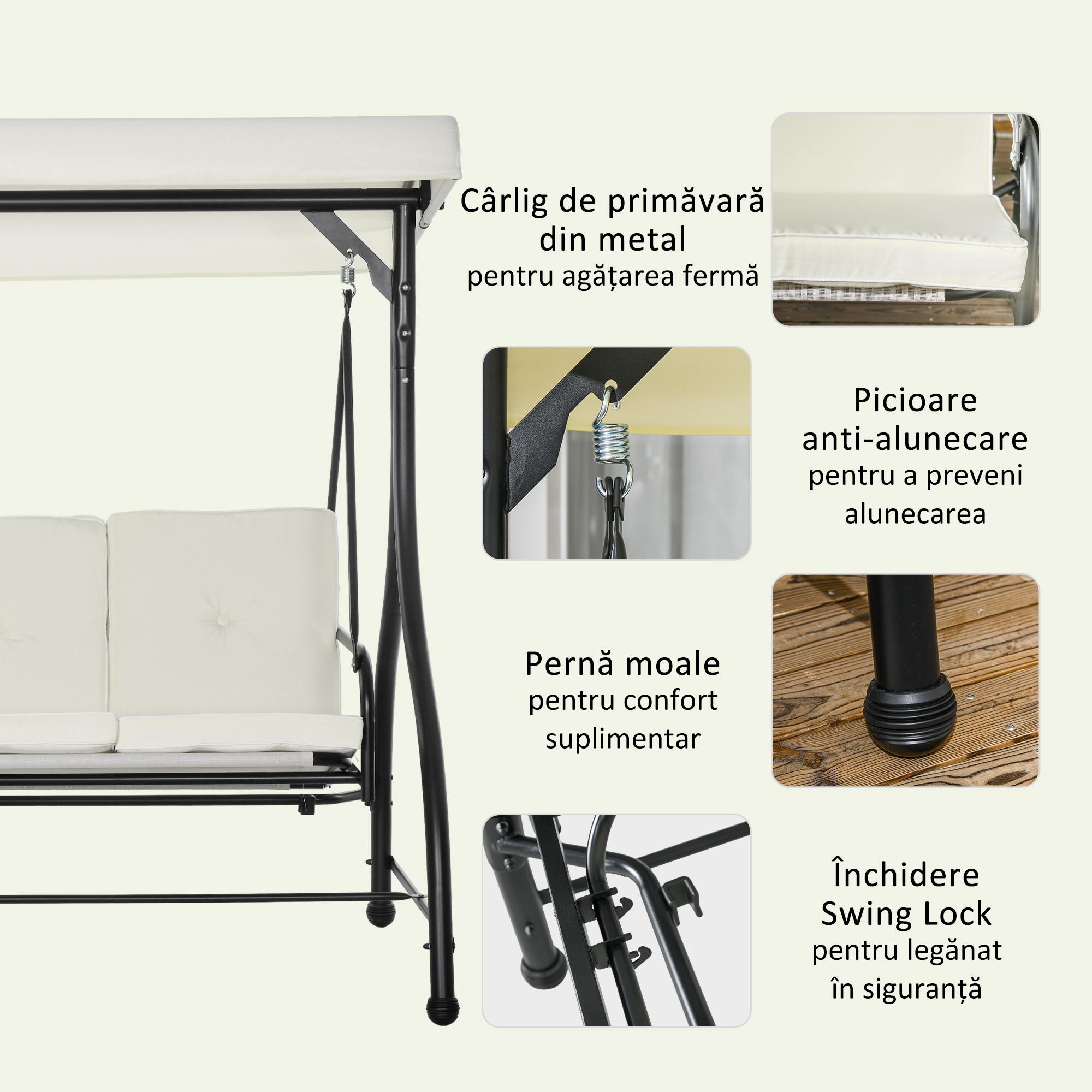 Outusunny Leagan cu 3 Locuri de Gradina, Balansoar pentru Exterior cu Acoperis Reglabil, din Otel si Poliester, 195x117x175 cm, Crem [5]