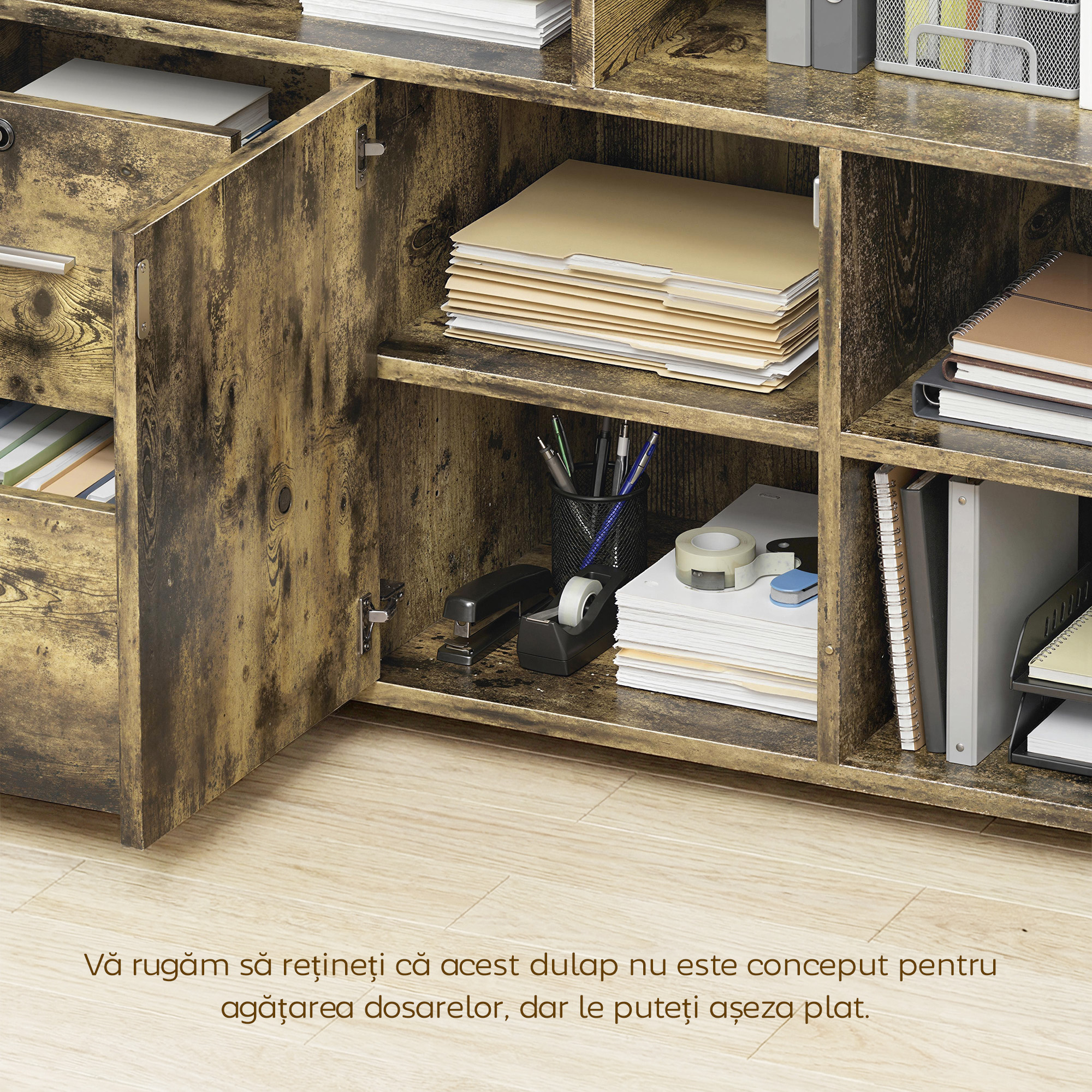  Dulap pentru Imprimanta pe Roti cu 2 Sertare cu incuietoare, 3 Rafturi si Dulap, Dulap pentru Documente de Birou si Studio, 100x35x65 cm, Maro Rustic [6]