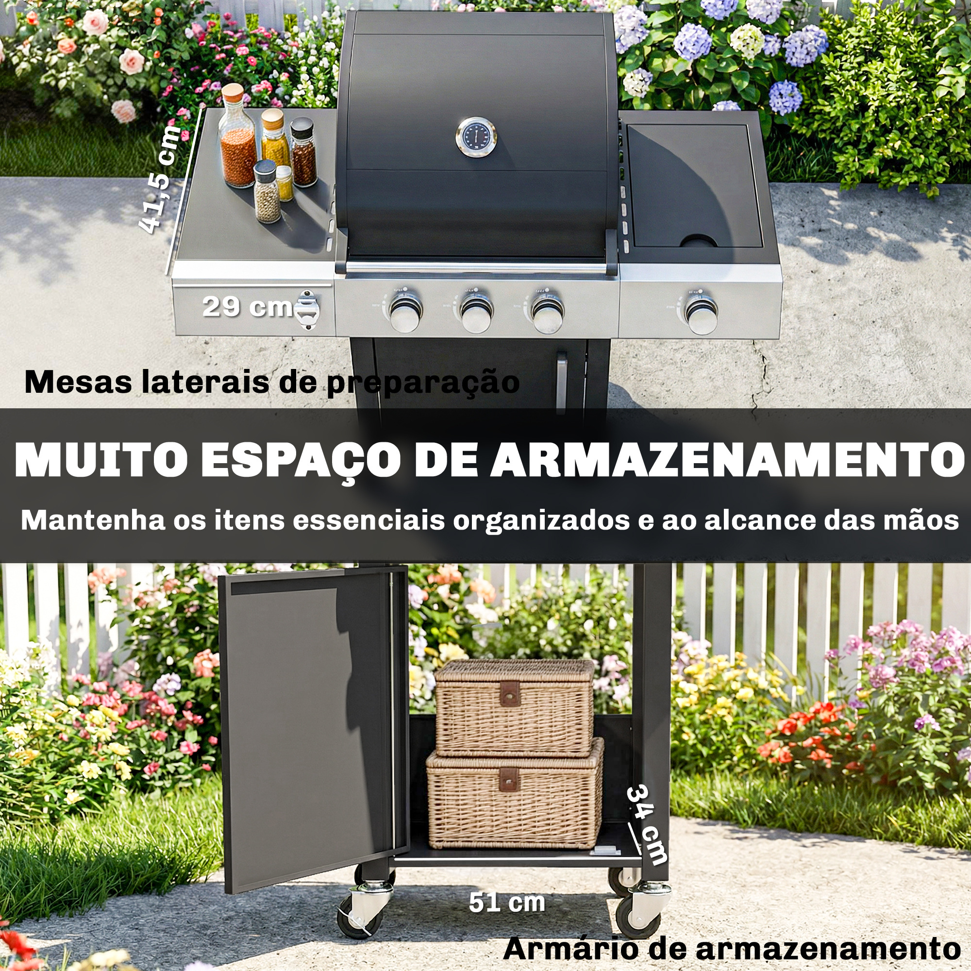  Gratar pe Gaz, 3 Arzatoare, Arzator Lateral, Gratare din Fonta, Rafturi Laterale Incluse. [6]