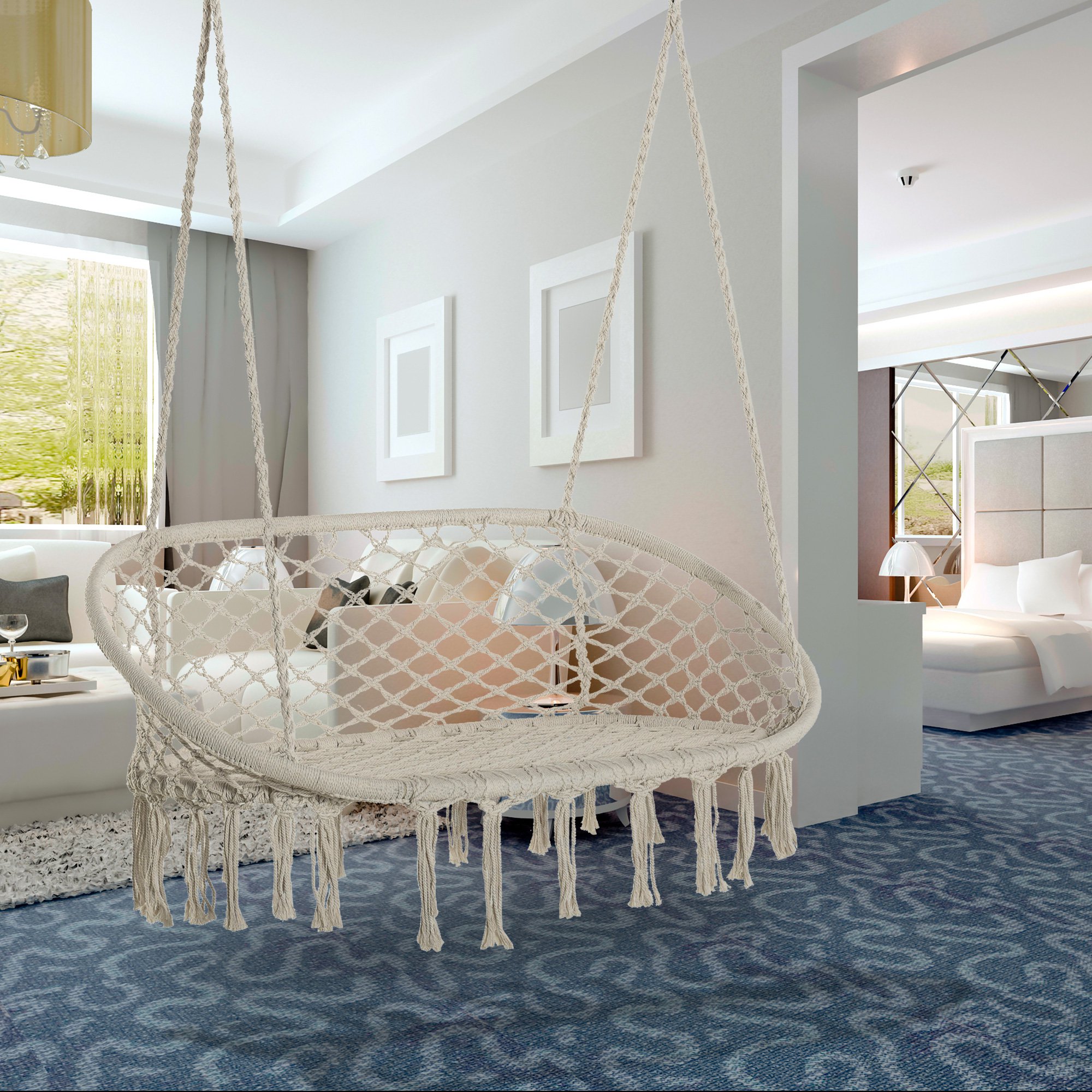  Hamac Balansoar pentru Gradina si Casa cu 2 Locuri din Macramé Alb Crem, Fara Perna [1]