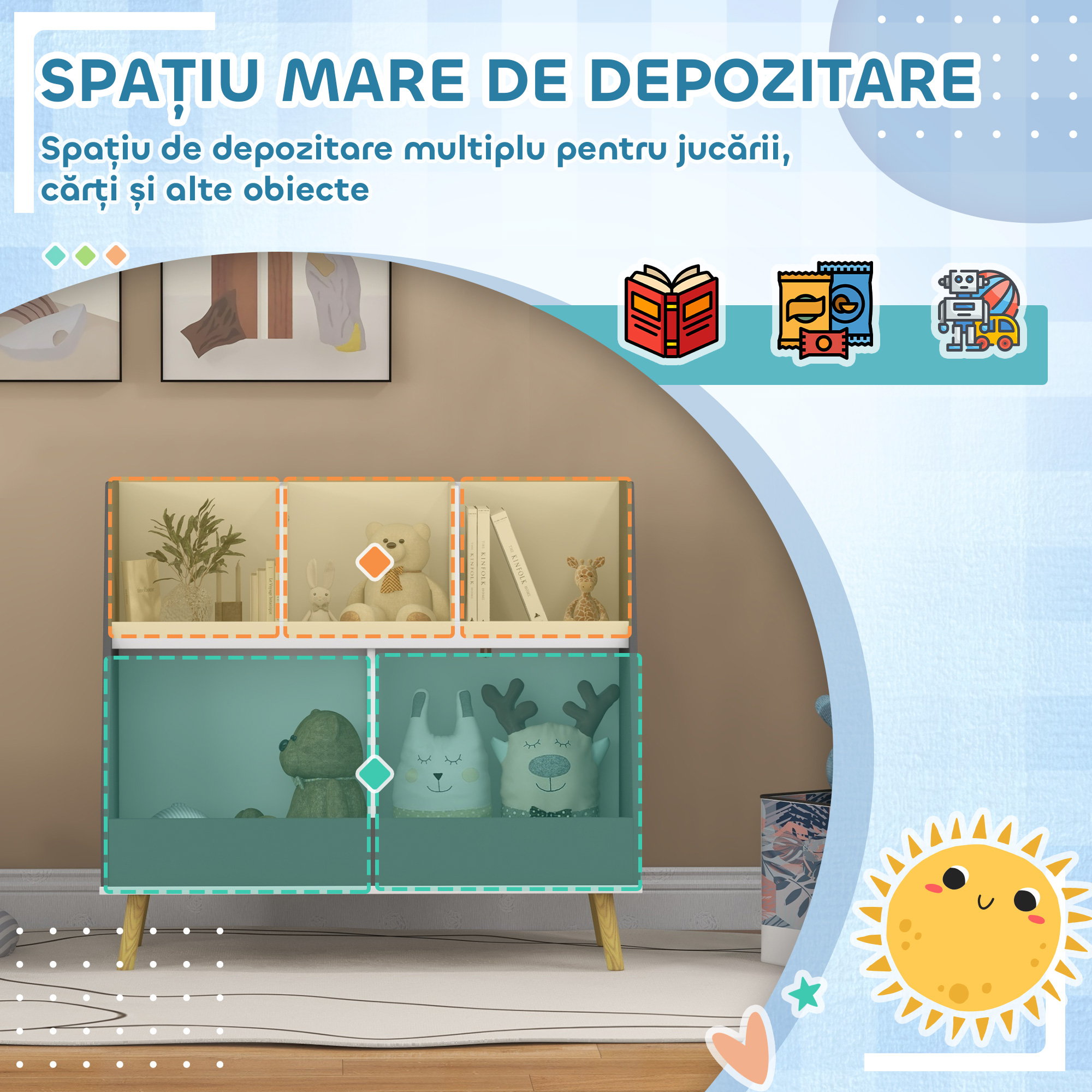  Comoda pentru depozitarea jucariilor pentru copii cu 2 niveluri si 5 compartimente din lemn, 80x34x79cm, gri [3]