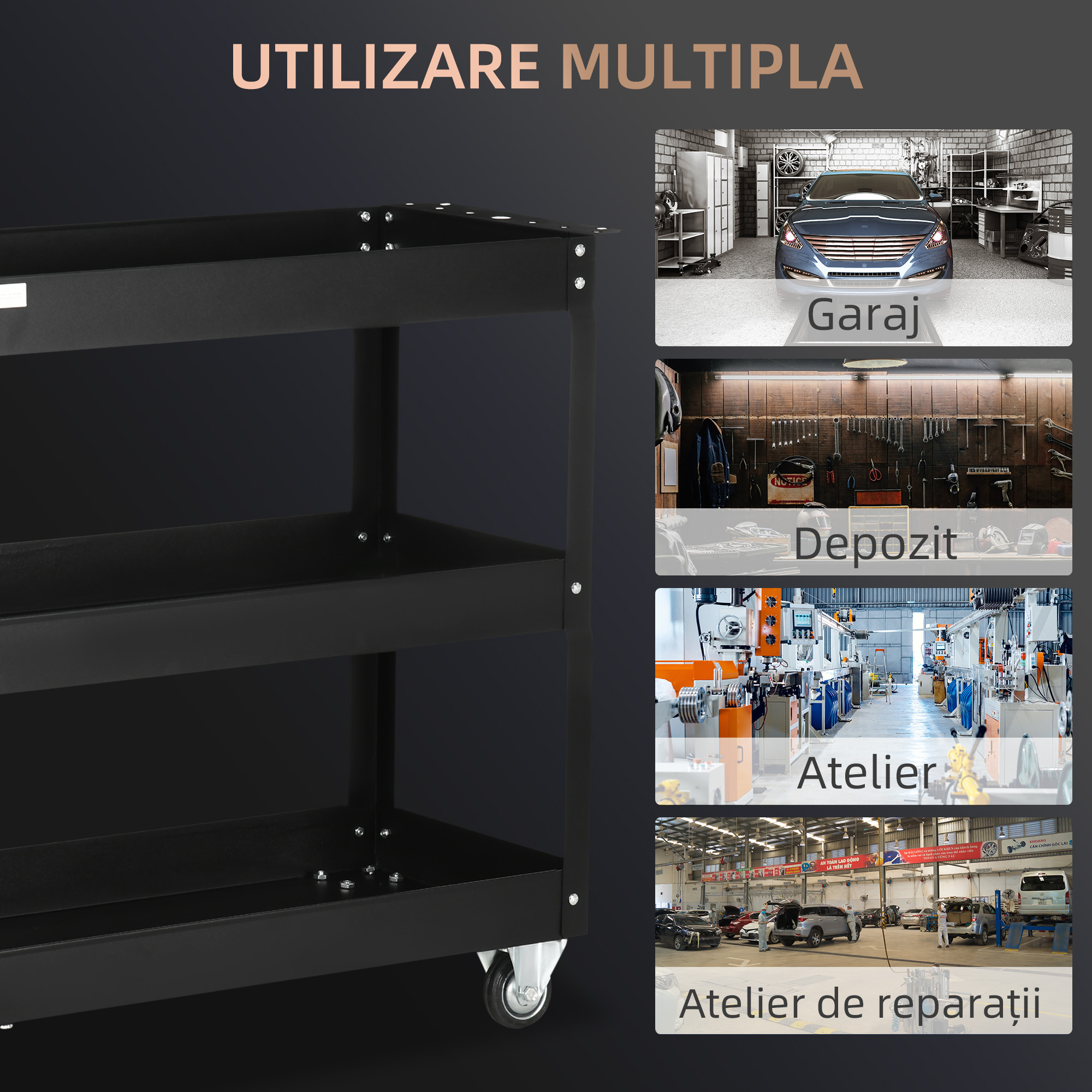  Carucior Port-Scule cu 3 Niveluri din Otel cu Margini inalte si 4 Roti Pivotante, 83x35,3x76 cm, Negru [5]