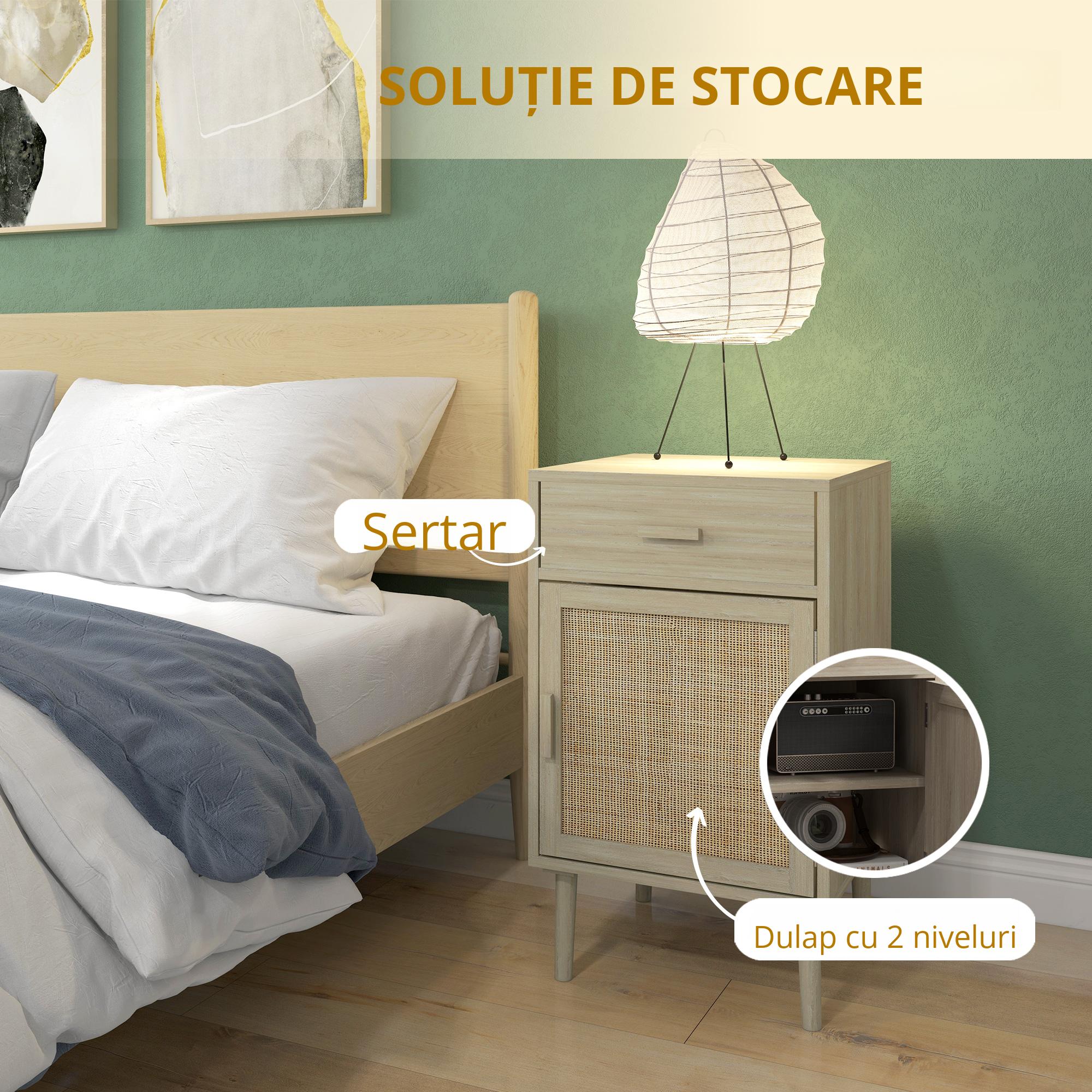  Set 2 Noptiere pentru Dormitor cu Sertar si Usa din Ratan, Stil Boho, Culoare Lemn [4]
