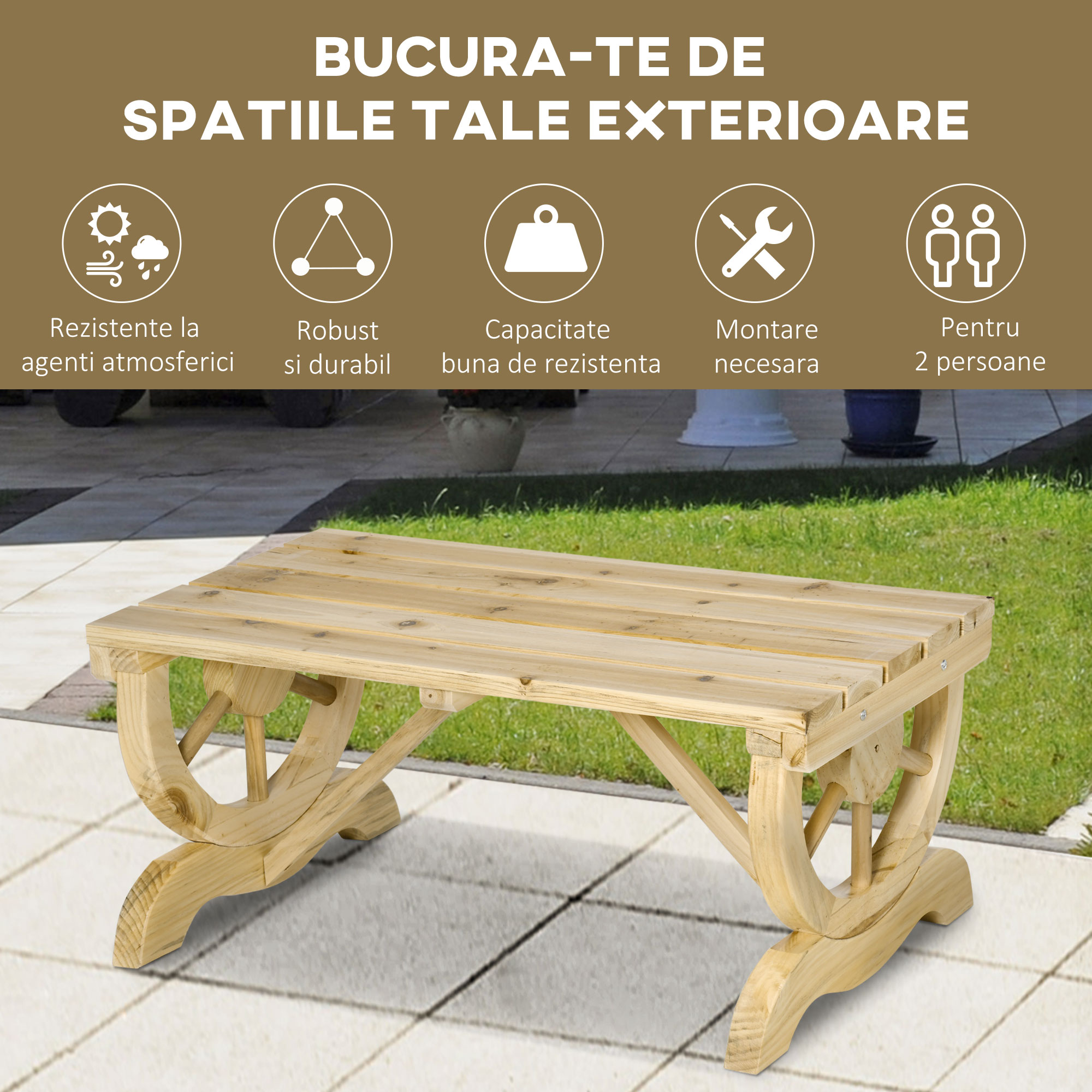  Banca de Gradina cu 2 Locuri, Design cu Roti, Banca de Exterior din Lemn de Brad, Potrivita pentru Terasa, Patio si Curte, 98x50x39.5 cm, Culoare Lemn Natural [5]