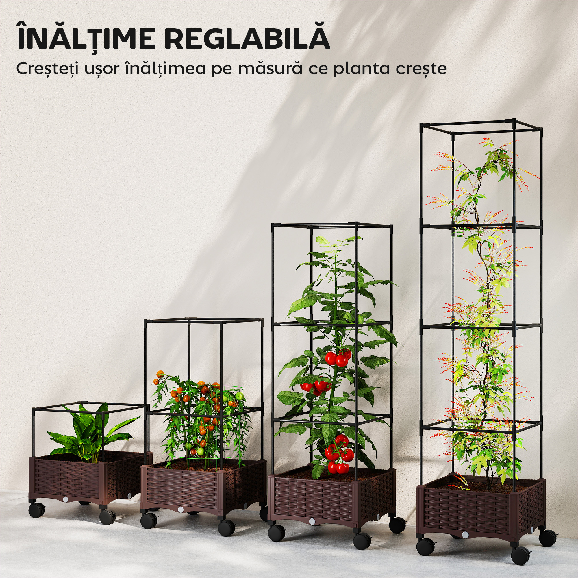  Jardiniera inaltata cu Spalier 20L, Roti Blocabile si Sistem de Autoirigare, Maro [4]