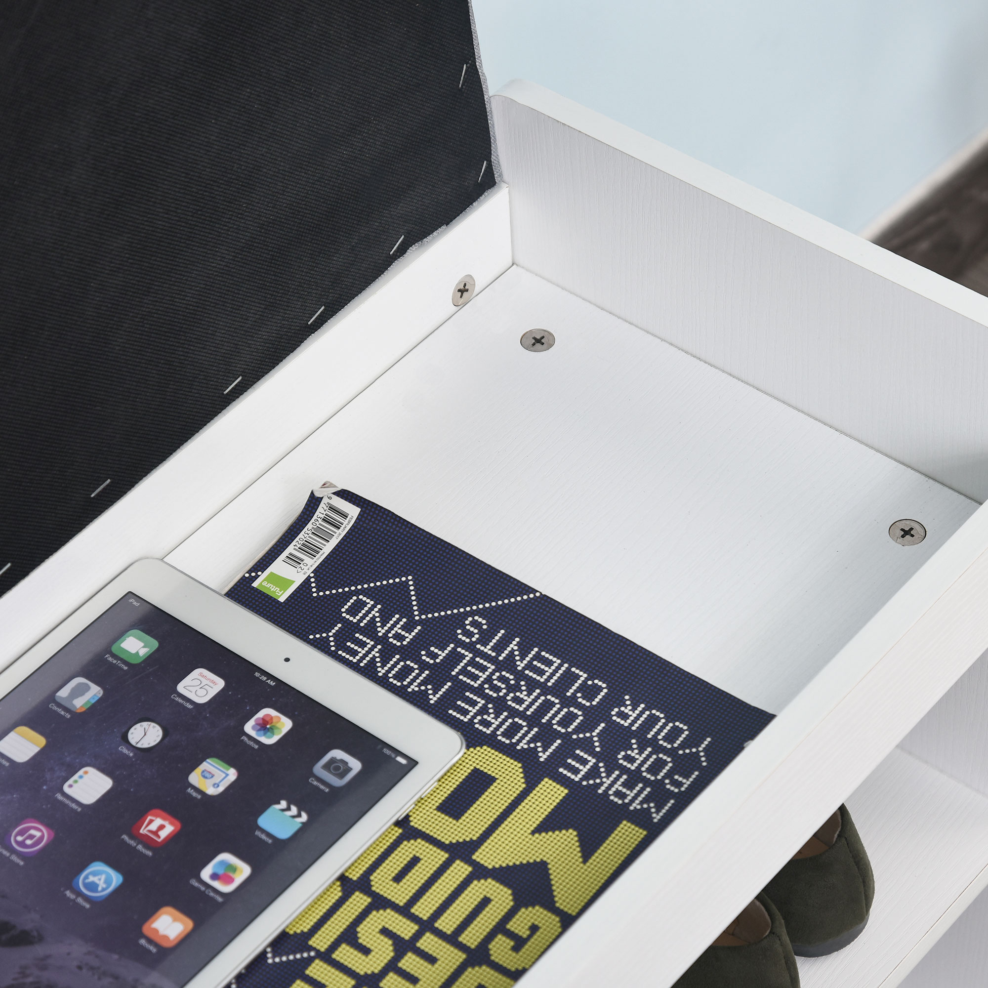 Banca Pantofar Alb - Lemn cu Perna, Sertar & 3 Compartimente [8]