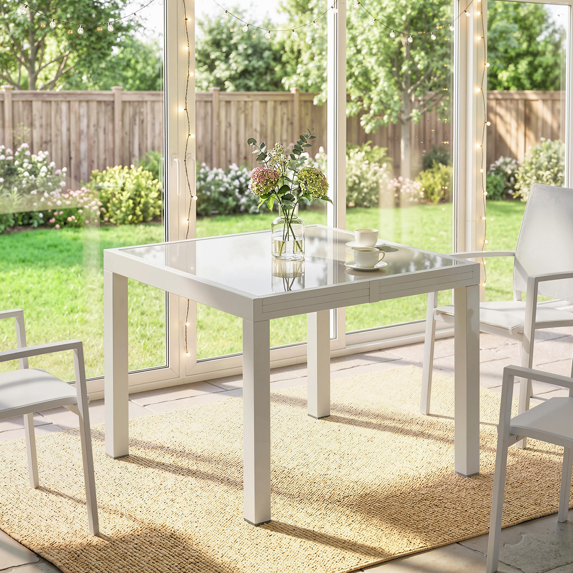  Masa Extensibila din Aluminiu pentru Exterior, Blat din Sticla Temperata, Crem. [8]