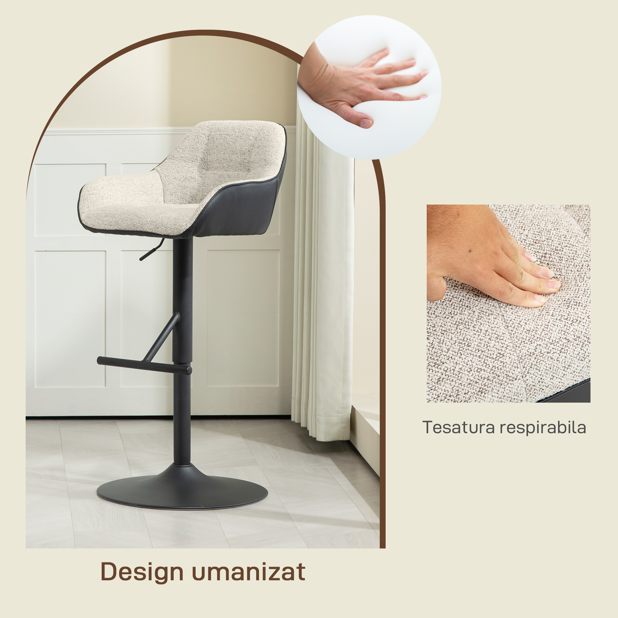  Set 2 Scaune Tapitate Reglabile pe inaltime cu Spatar si Brate, 52,5x53x86,5-108 cm, Negru si Gri Deschis [6]