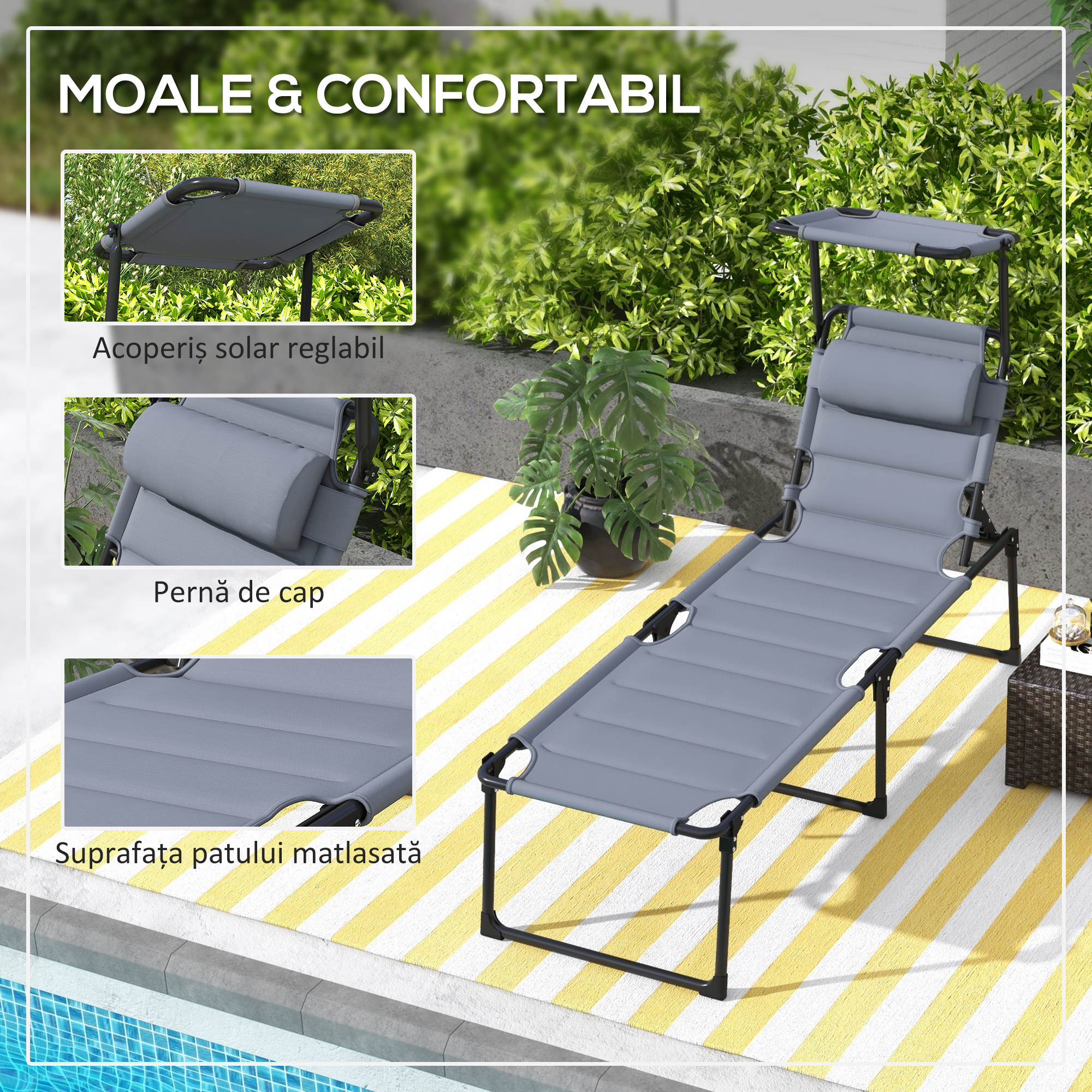  Sezlong pliabil reglabil cu spatar cu 4 pozitii, Gri [5]