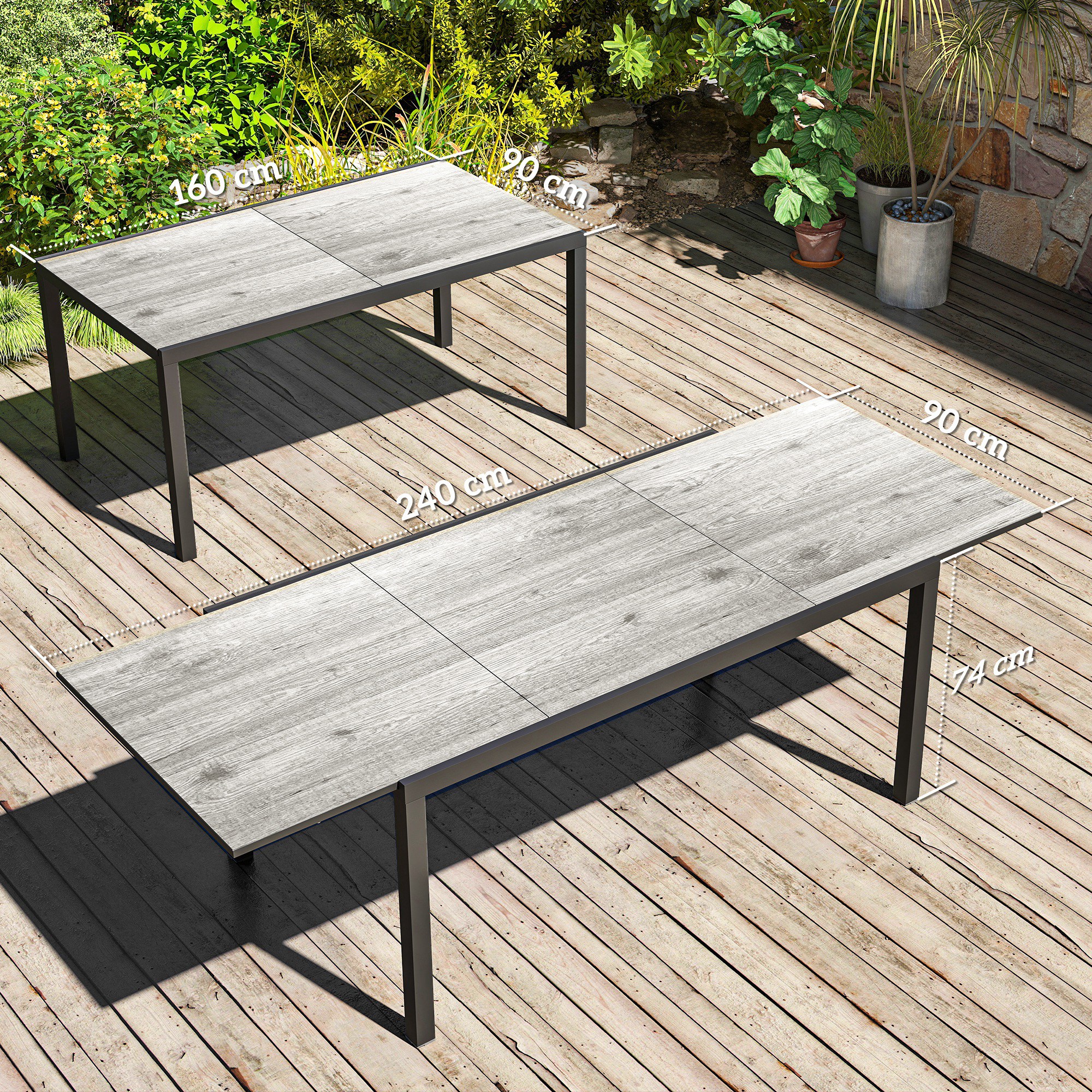  Masa de Gradina Extensibila de 160-240 cm pentru 6-8 Persoane Rectangulara din Otel si Aluminiu, Efect Lemn [2]