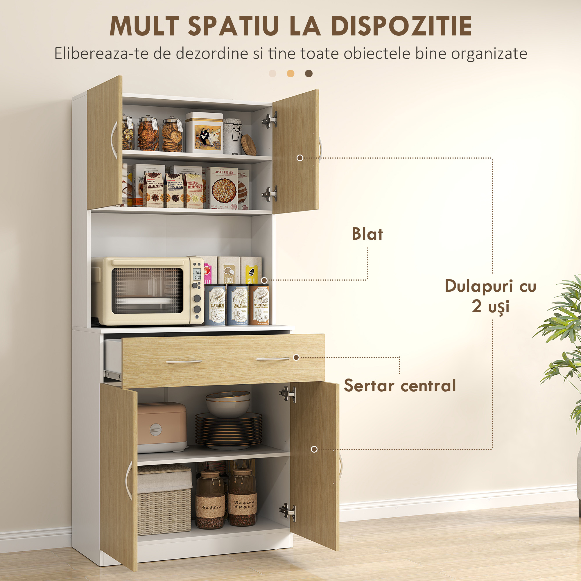  Dulap inalt de Bucatarie cu 2 Usi, Sertar, Bufet inalt din Lemn cu Rafturi Reglabile, 80x40x180 cm, Lemn Natural [4]