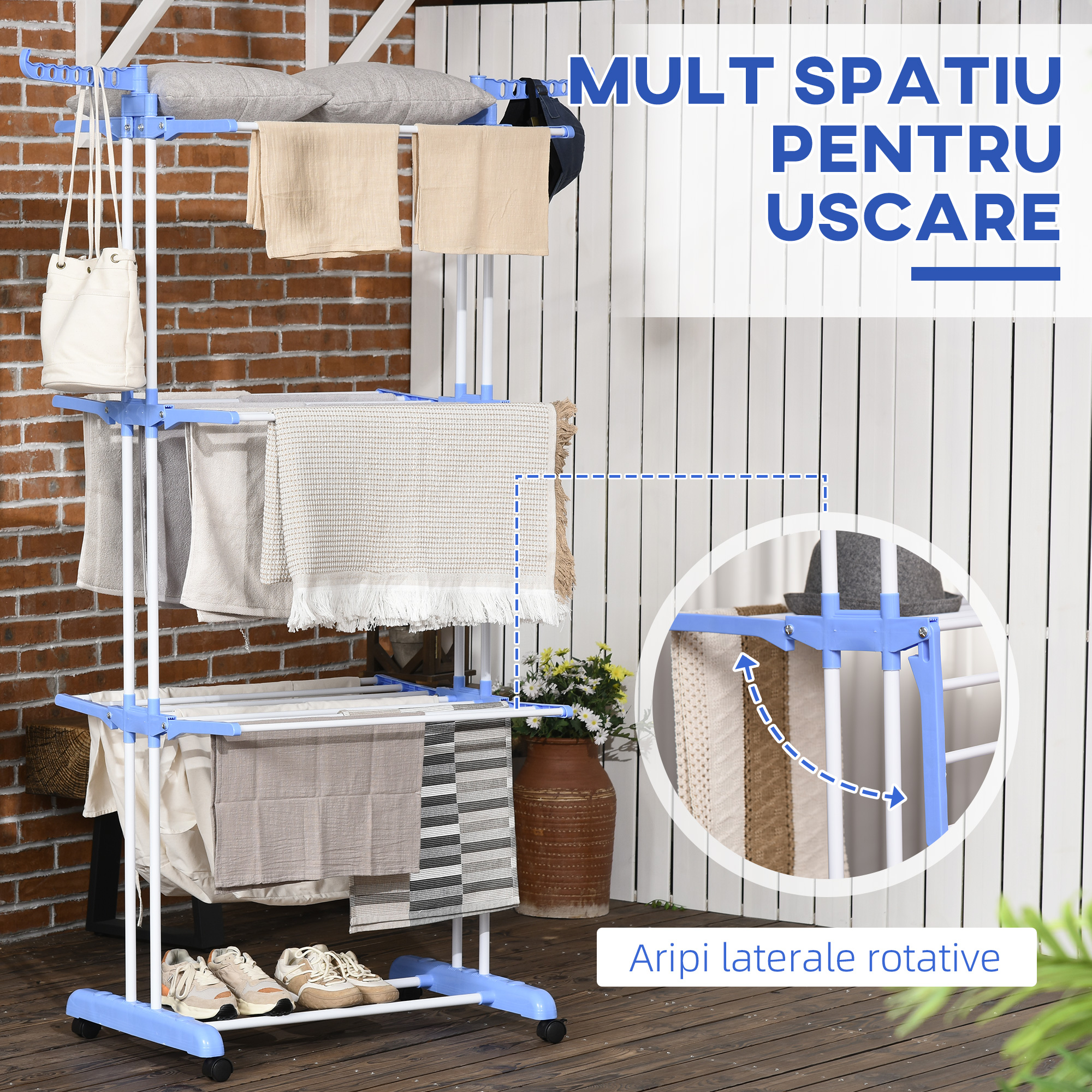  Uscator de rufe extensibil pe 4 niveluri cu 4 roti, din otel si pp, 73x64x177 cm, Albastru si Argintiu [3]