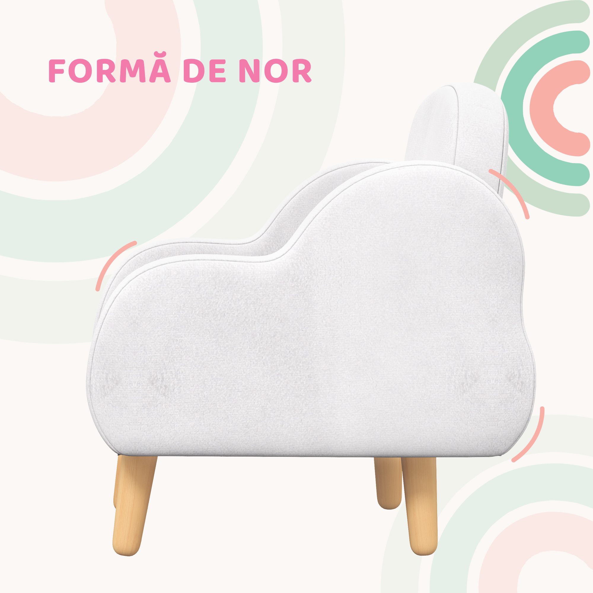  Fotoliu pentru Copii Stil Scandinav cu Brate in Forma de Nor din Material Textil, Alb, 46x51x55 cm [3]