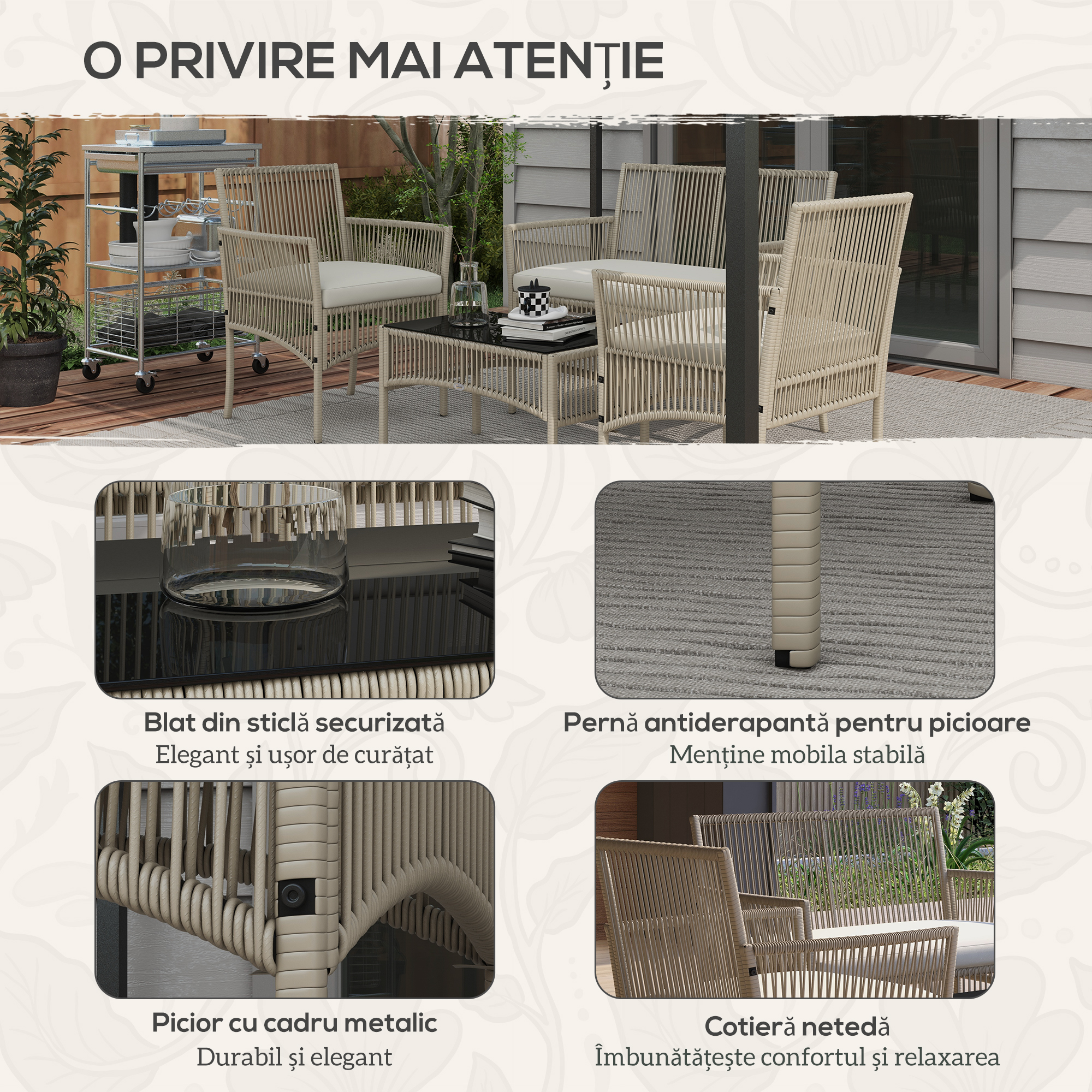  Set de Gradina cu 2 Fotolii de Exterior, Canapea si Masuta, 56x56x80 cm, Kaki [5]