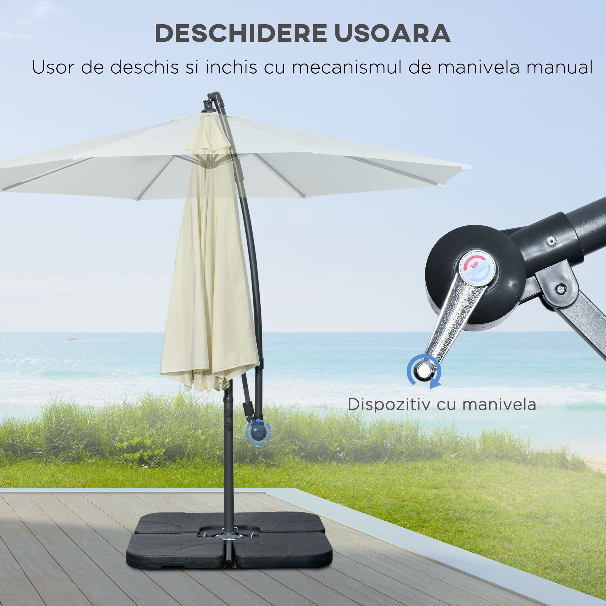  Umbrela Suspendata cu Baza in Cruce, Greutaţi, Manivela si Protecţie UV, Ø3x2.5 m, Bej [3]