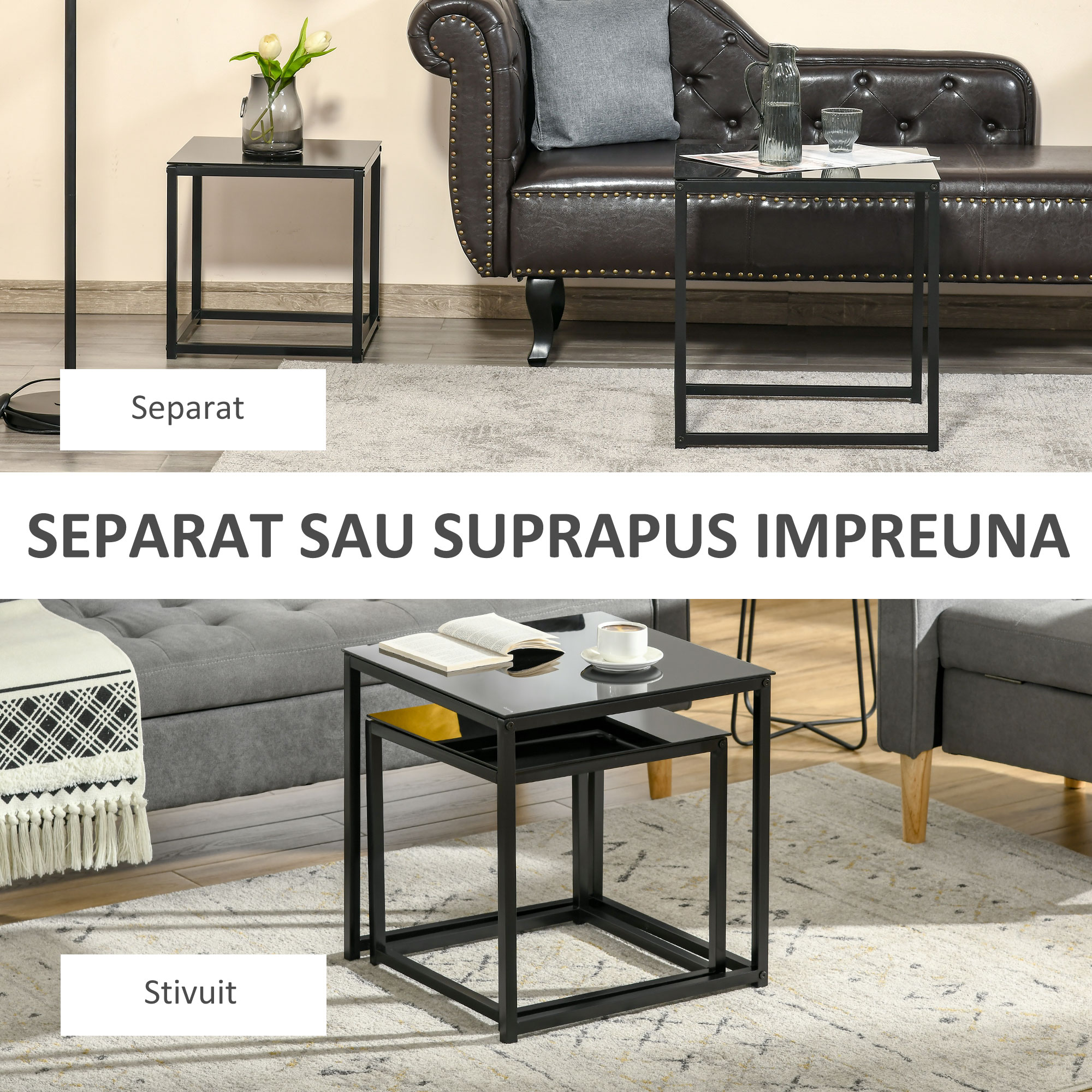  Set 2 Masute pentru Sufragerie Moderne din Otel si Sticla Securizata - Negru [3]