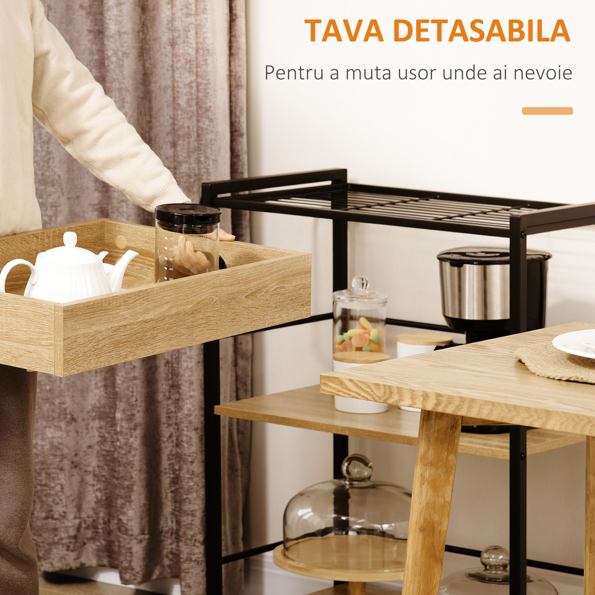  Carucior de bucatarie cu 3 rafturi si tava detasabila e roti mobile, carucior de bucatarie in stil industrial 65x40x86cm, lemn si negru [4]