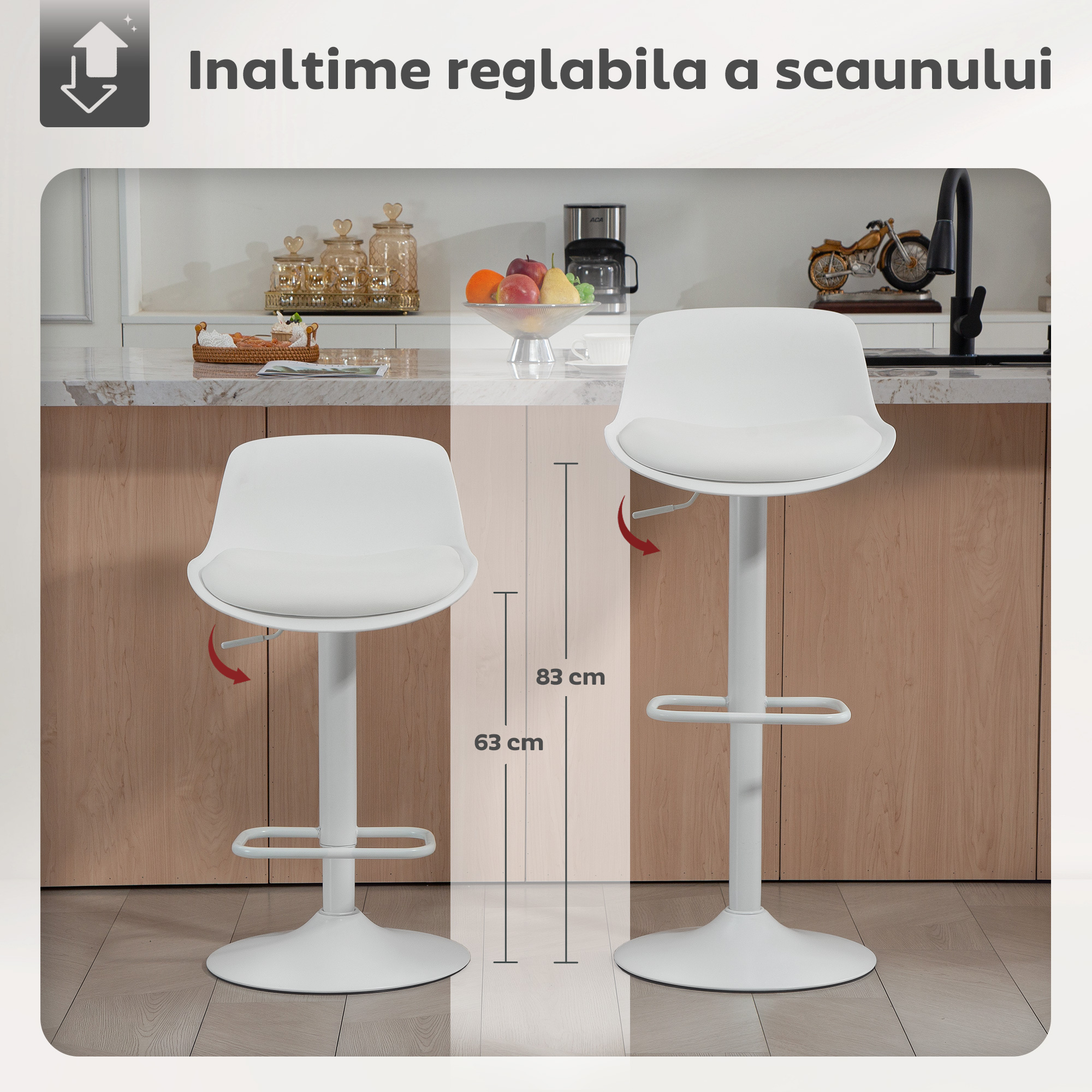 Set de 2 Scaune de Bar Rotative cu Spatar si inaltime Reglabila Alb [3]