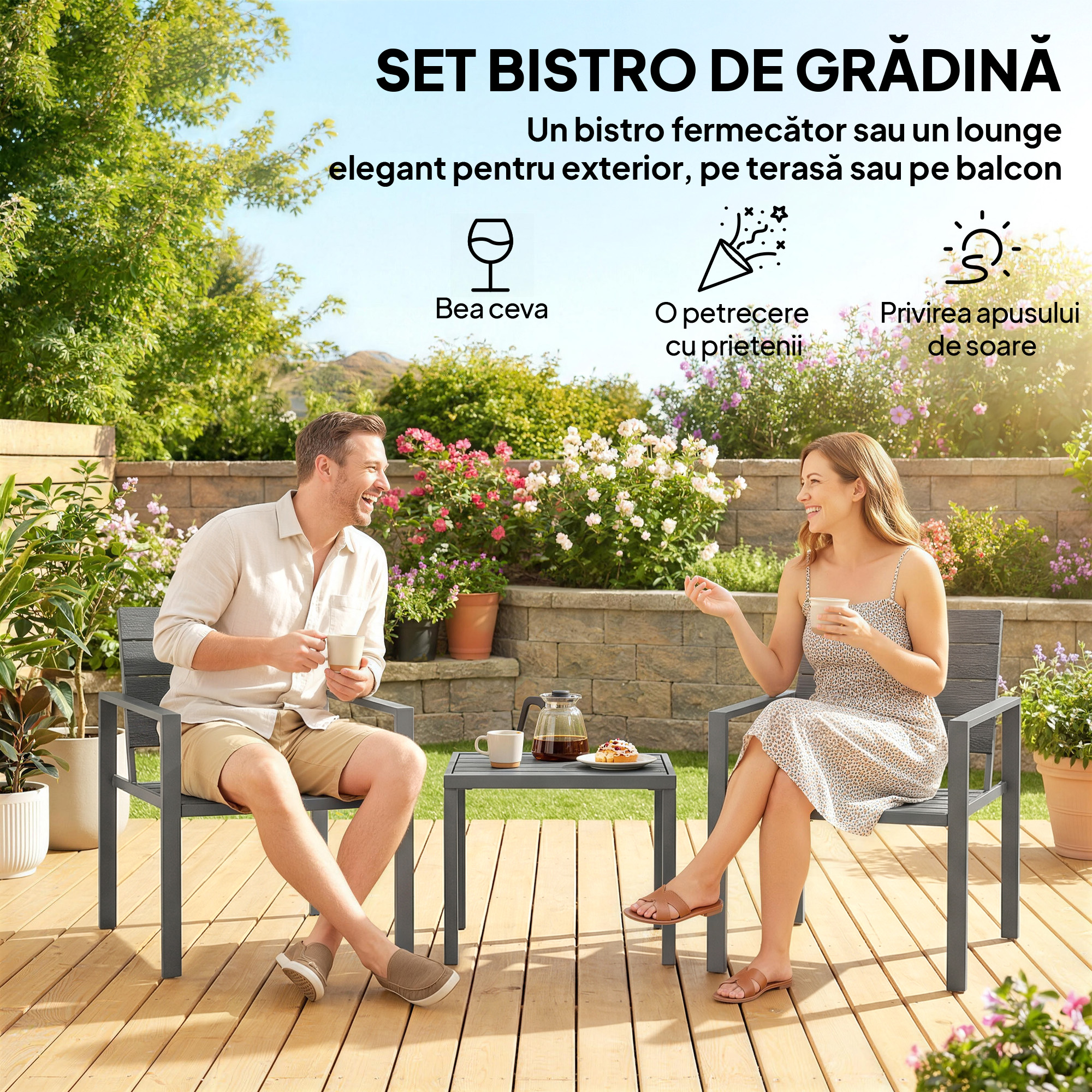  Set de Gradina 3 piese cu 2 Scaune de Exterior si Masuta de Cafea, din HDPE si Metal, Gri inchis [3]