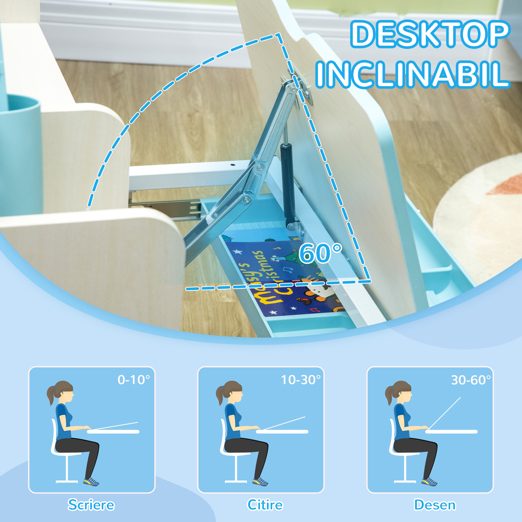  Set Birou si Scaun pentru Copii Reglabile, Inclinabila la 60° cu Sertar, Rafturi si Suport, 3+ Ani, Albastru [3]