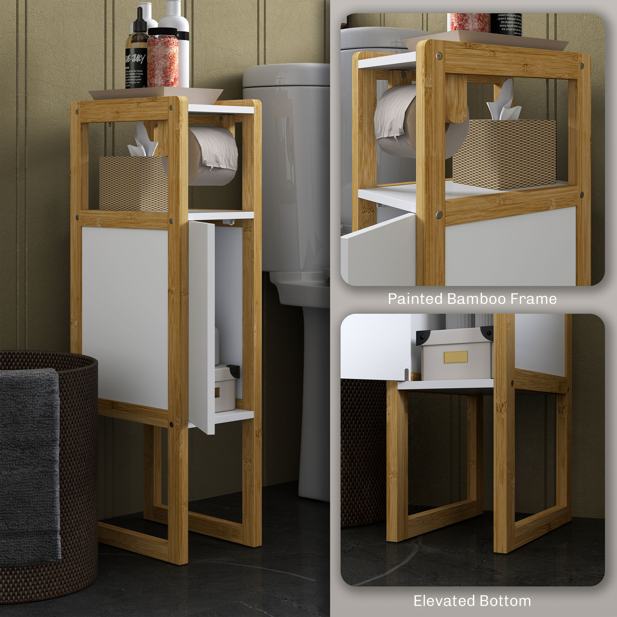  Mobilier de Baie cu Suport pentru Hartie Igienica, Dulap si Raft, Dulap Compact din Bambus, 20x33x80 cm, Alb [6]
