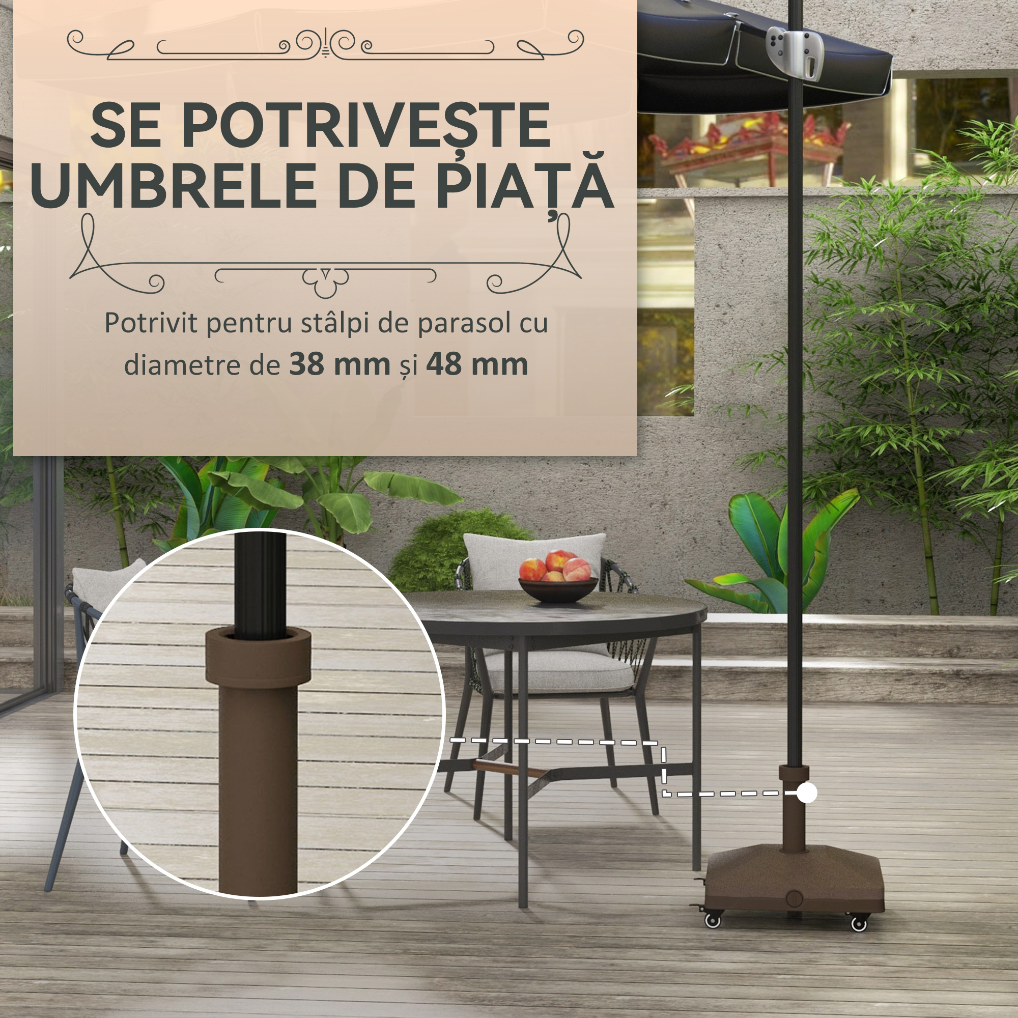  Baza pentru umbrela cu roti, umplibila pana la 20 kg, pentru stalpi cu Ø22-38 mm, 45x45x39 cm, maro [3]