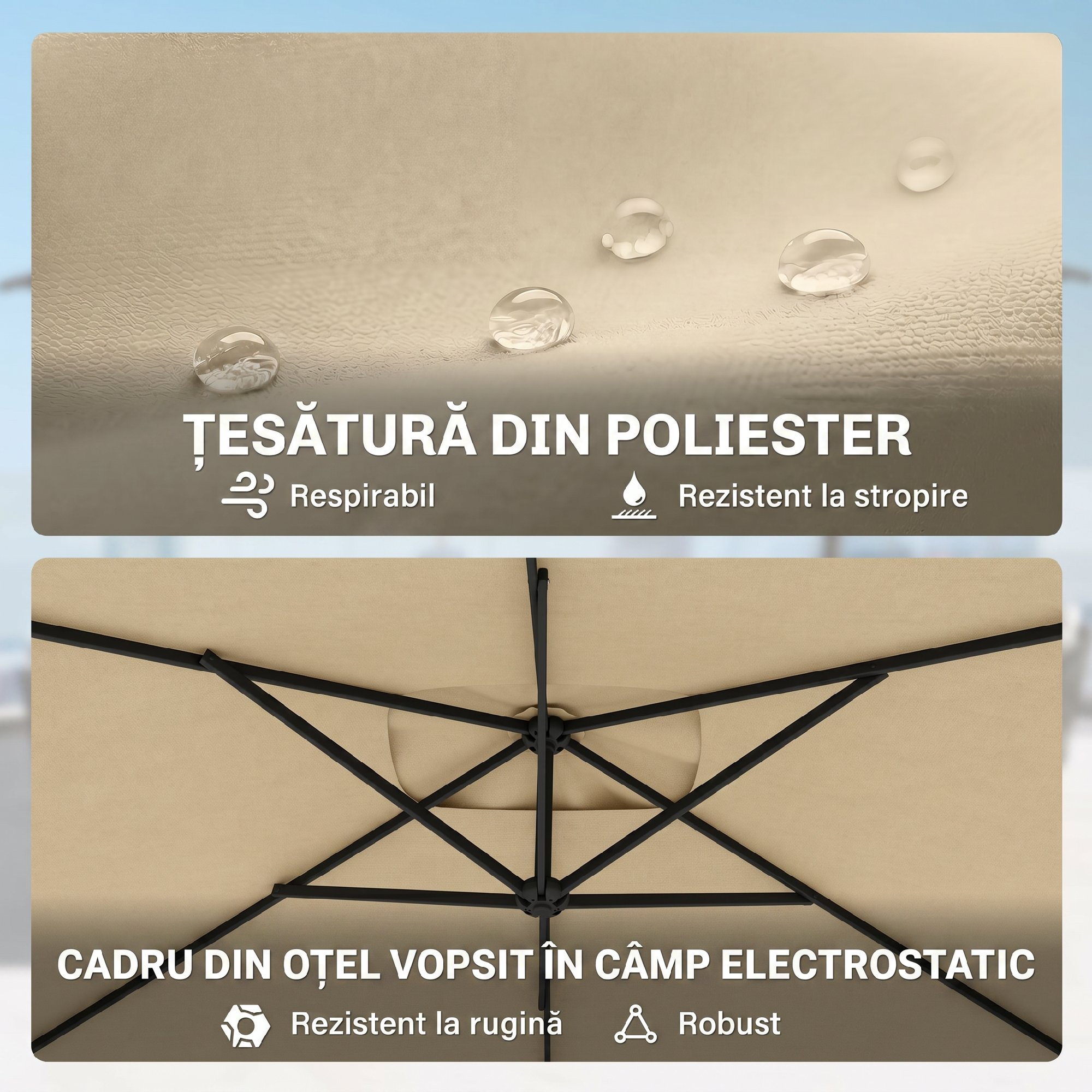  Umbrela de gradina suspendata cu baza in cruce si deschidere cu manivela, 294x193cm, bej [4]
