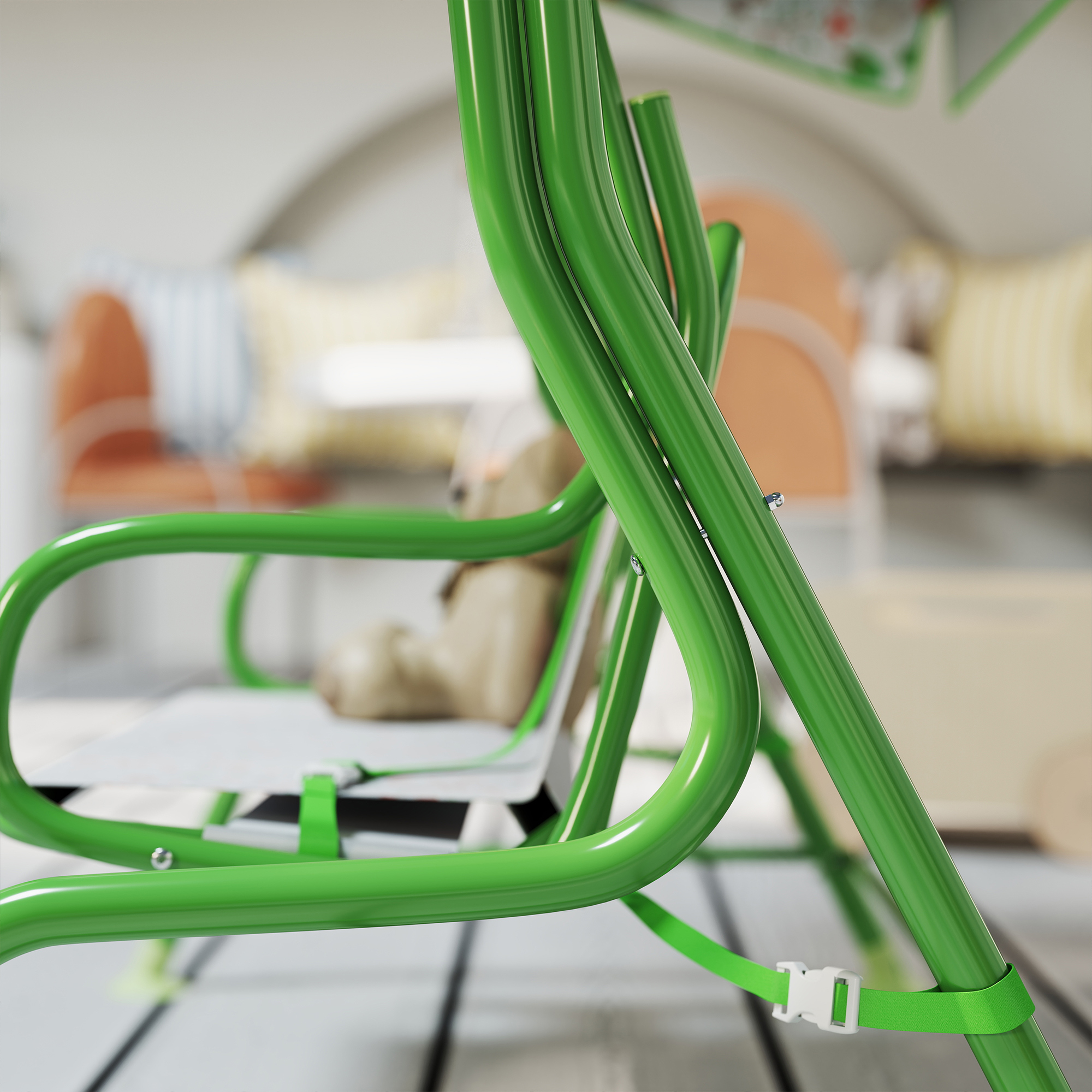  Balansoar pentru Copii de Exterior cu 2 Locuri cu Copertina Reglabila si Centuri de Siguranta, 112x75x120 cm, Verde [8]