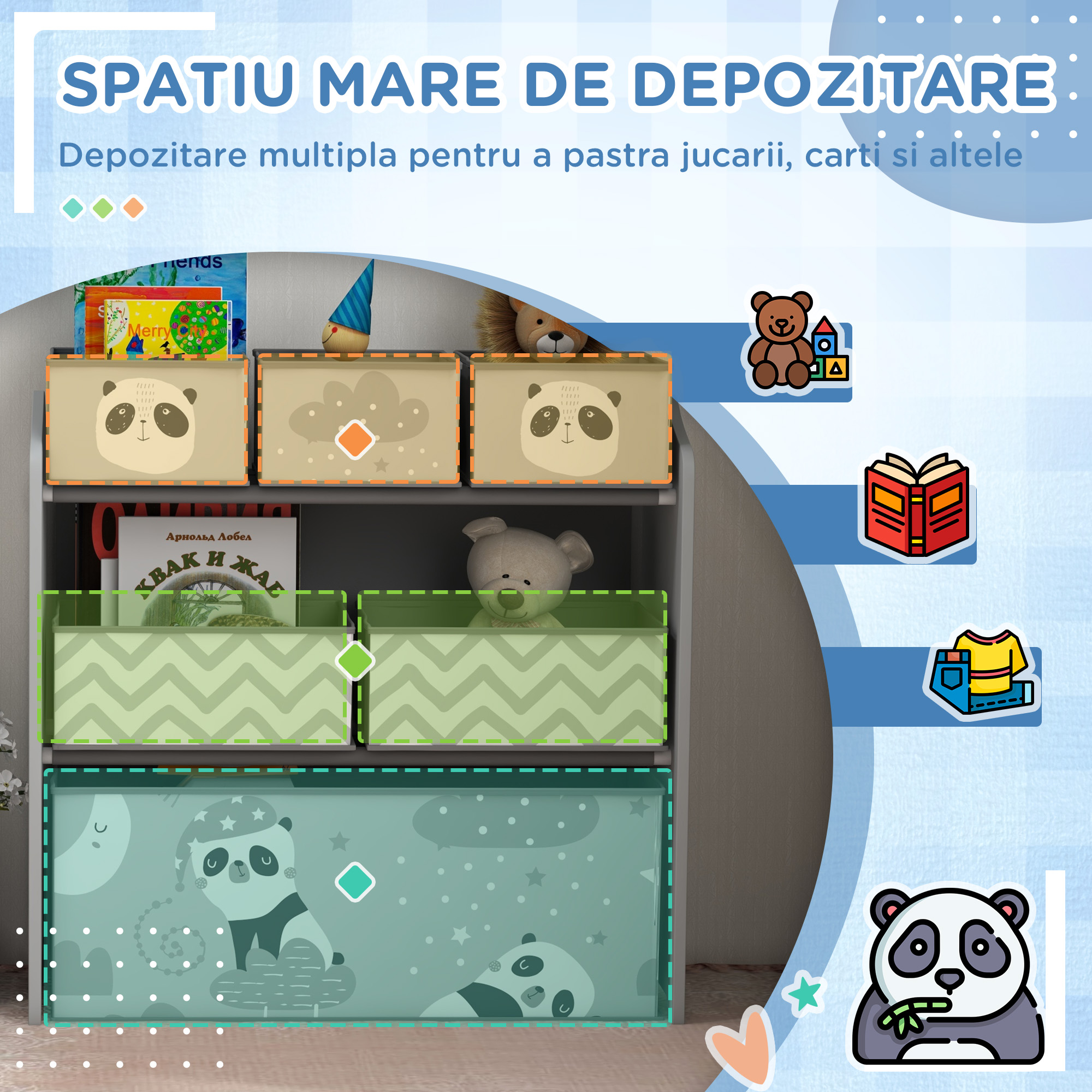  Raft pentru Jucarii pentru Copii cu 6 Recipiente Detasabile din Material Textil, 63x30x66cm, Gri [3]