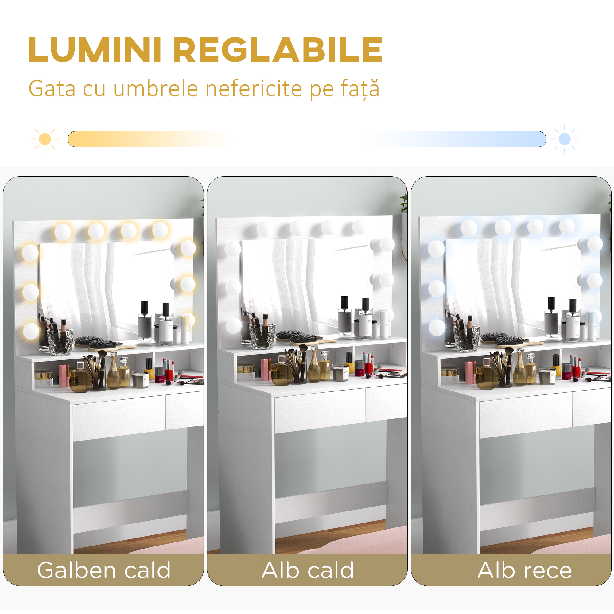  Masa Toaleta cu Oglinda si Lumina Reglabila, 2 Sertare si 3 Compartimente Alb [3]