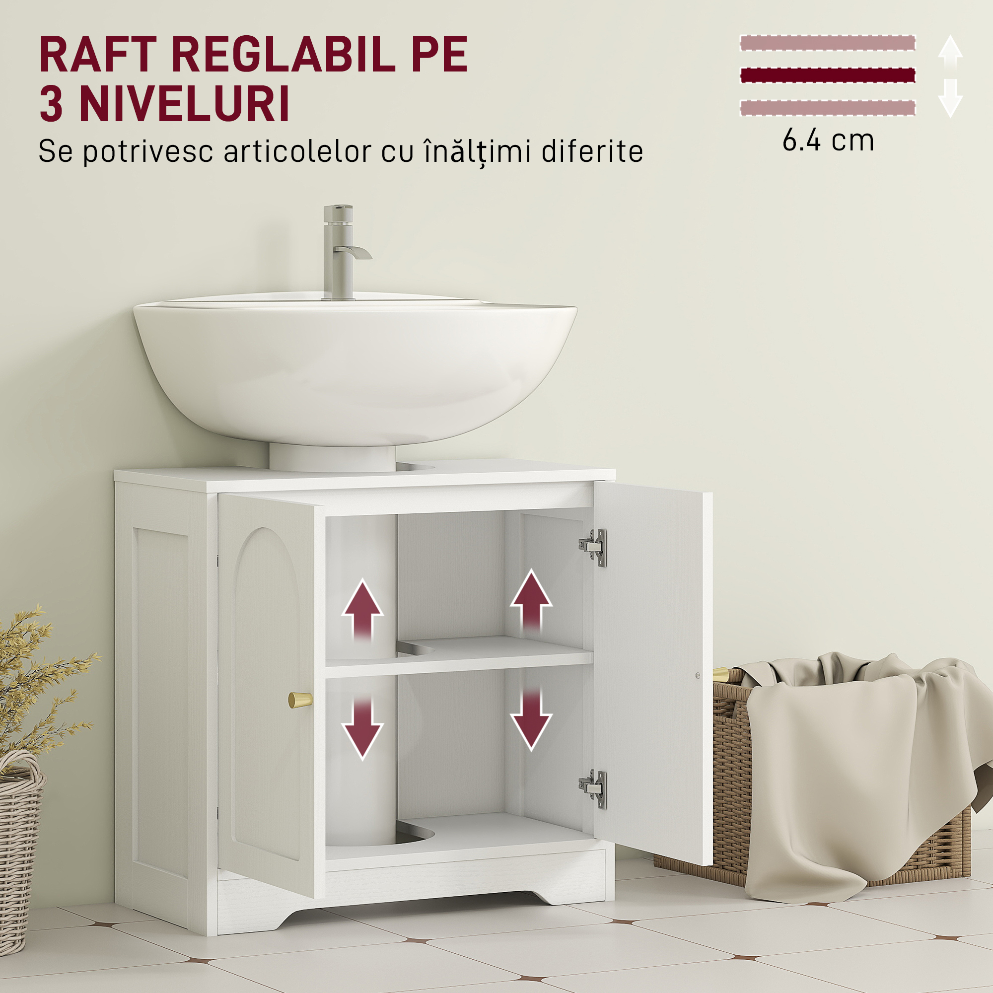  Dulap pentru baie sub chiuveta cu 2 usi si raft reglabil pe 3 niveluri, din lemn, 60x30x65 cm, alb [4]