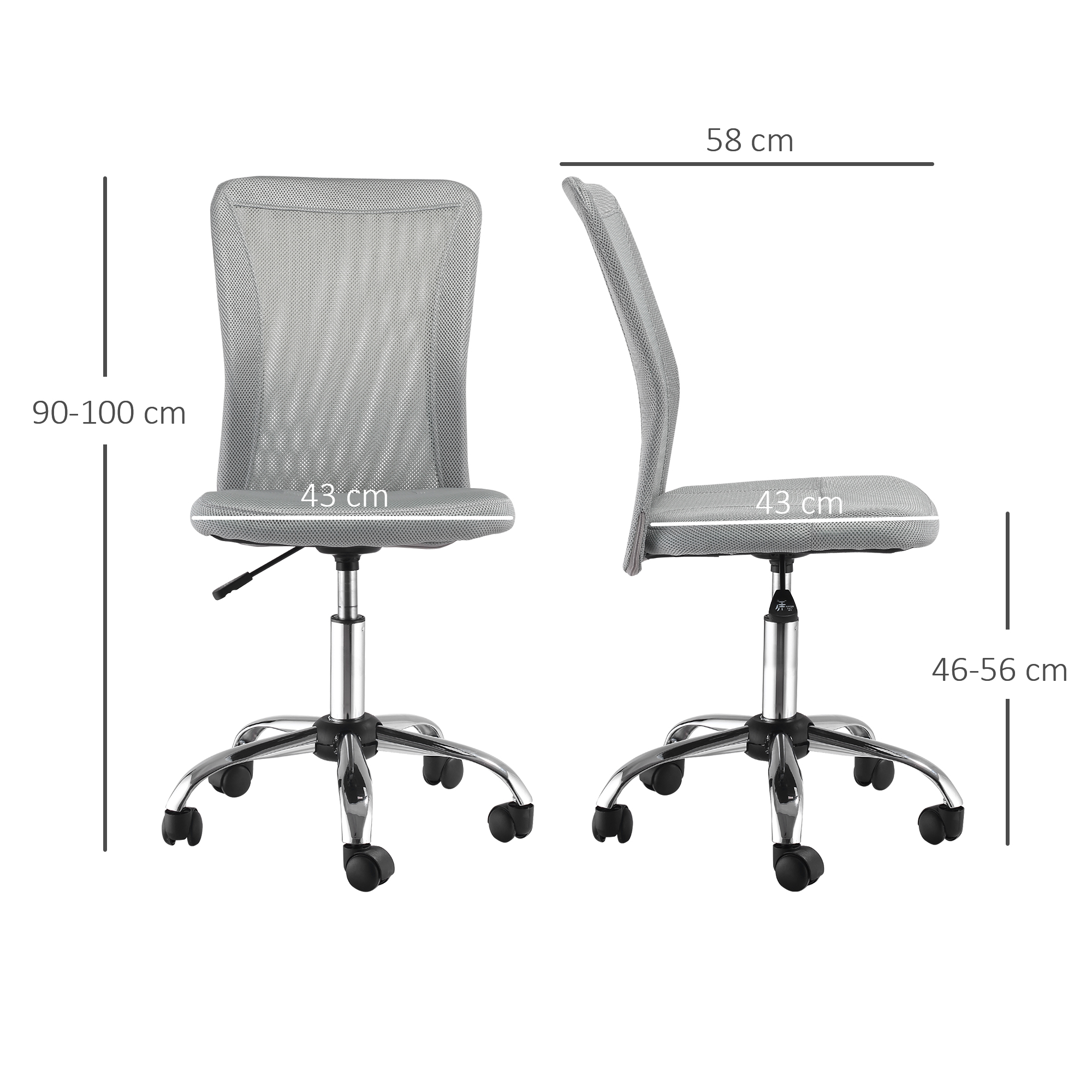  Sedia da Ufficio Ergonomica Senza Braccioli in Tessuto a Rete, Altezza Regolabile e 5 Ruote, Grigio [2]