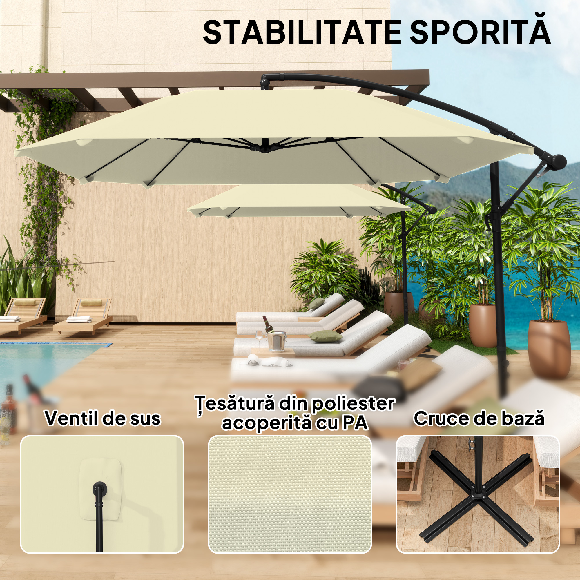  Umbrela de Soare Suspendata cu Baza in Cruce, Articulatie Tip Banana si Manivela, 304x260x245 cm, Alb Crem [6]