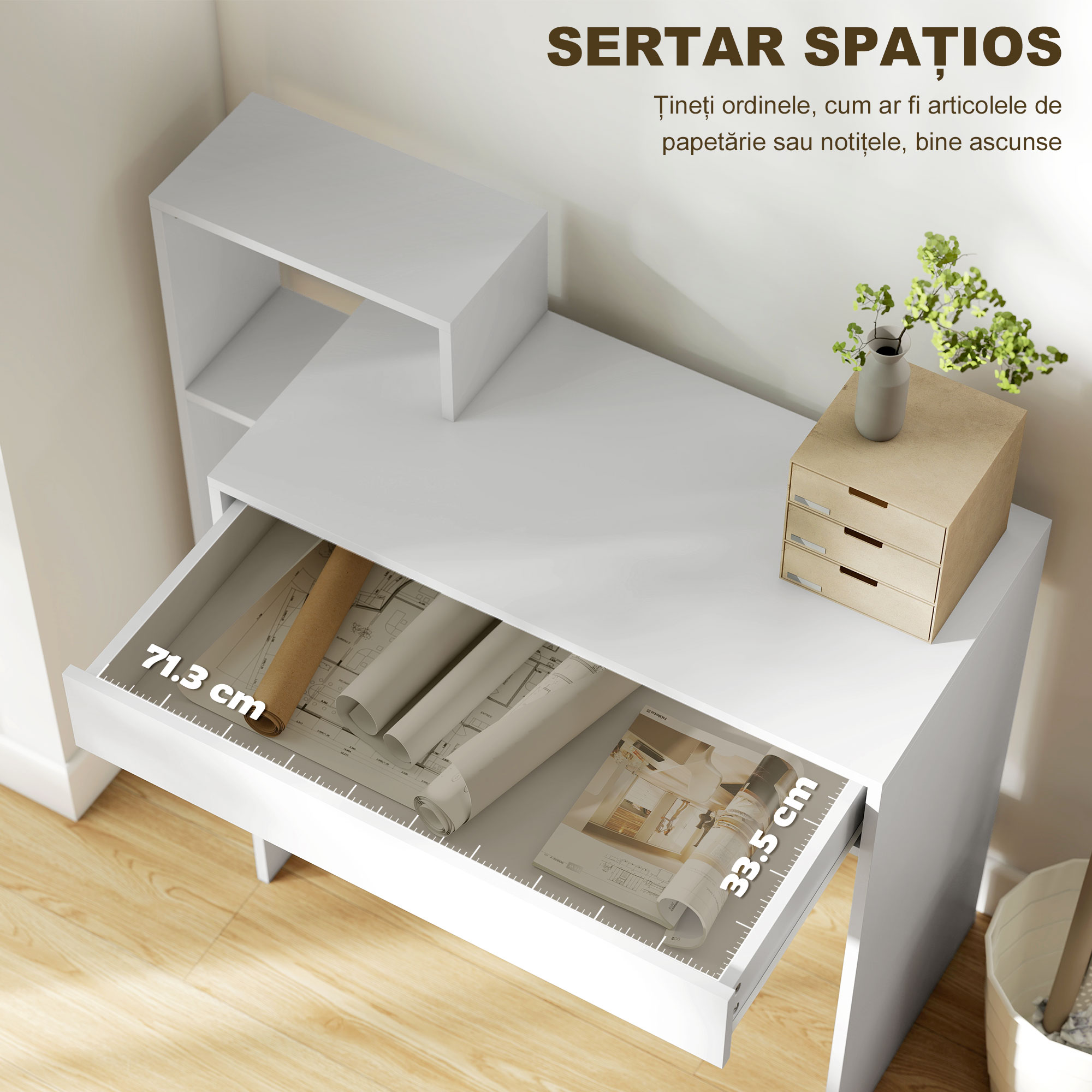  Birou PC Modern cu 3 Rafturi Deschise si Sertar, din Lemn Alb, 100x40x90 cm [4]