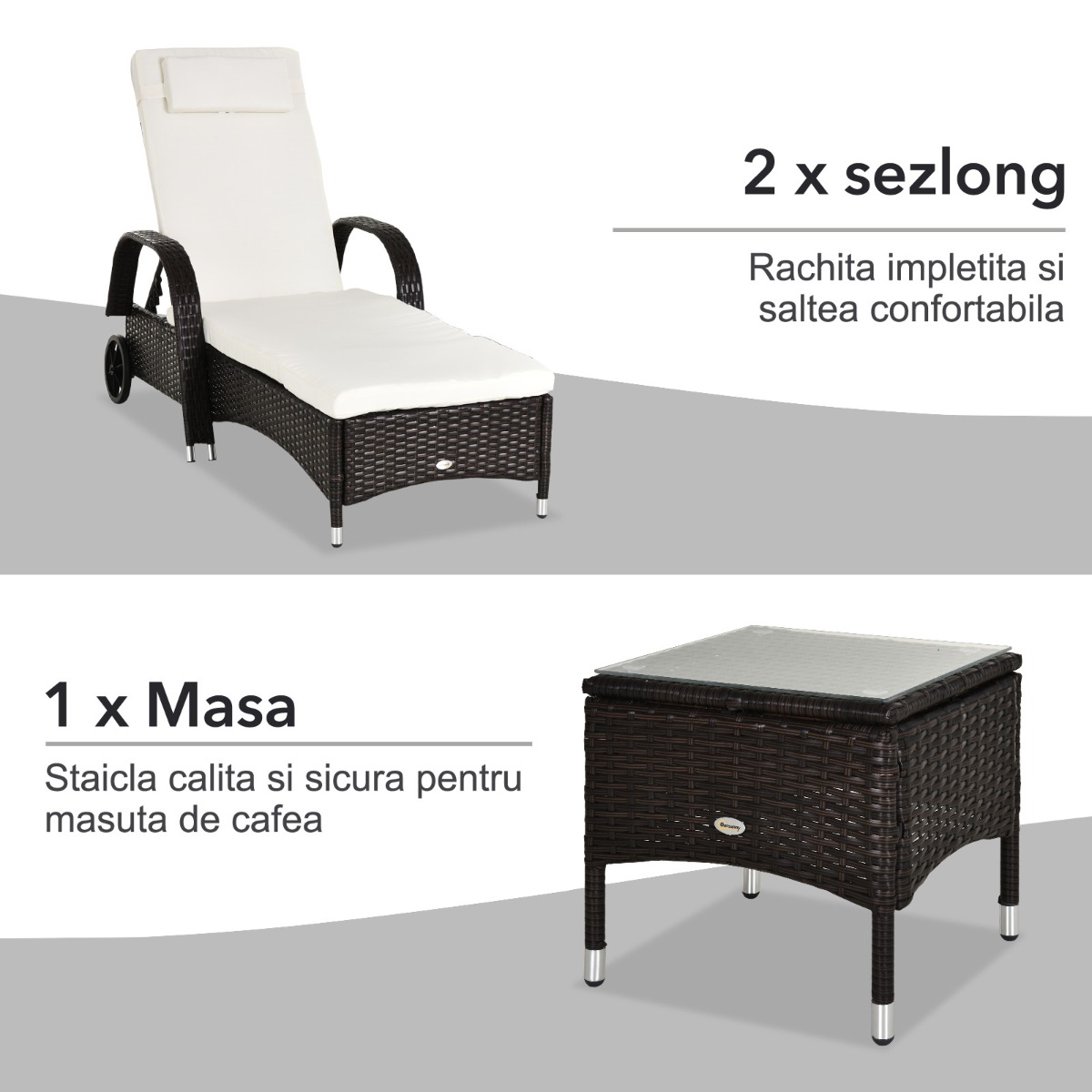  Set in Rattan 2 Sezlonguri Scaune Rabatabile Captusite cu Roti si Masuta, Maro [3]