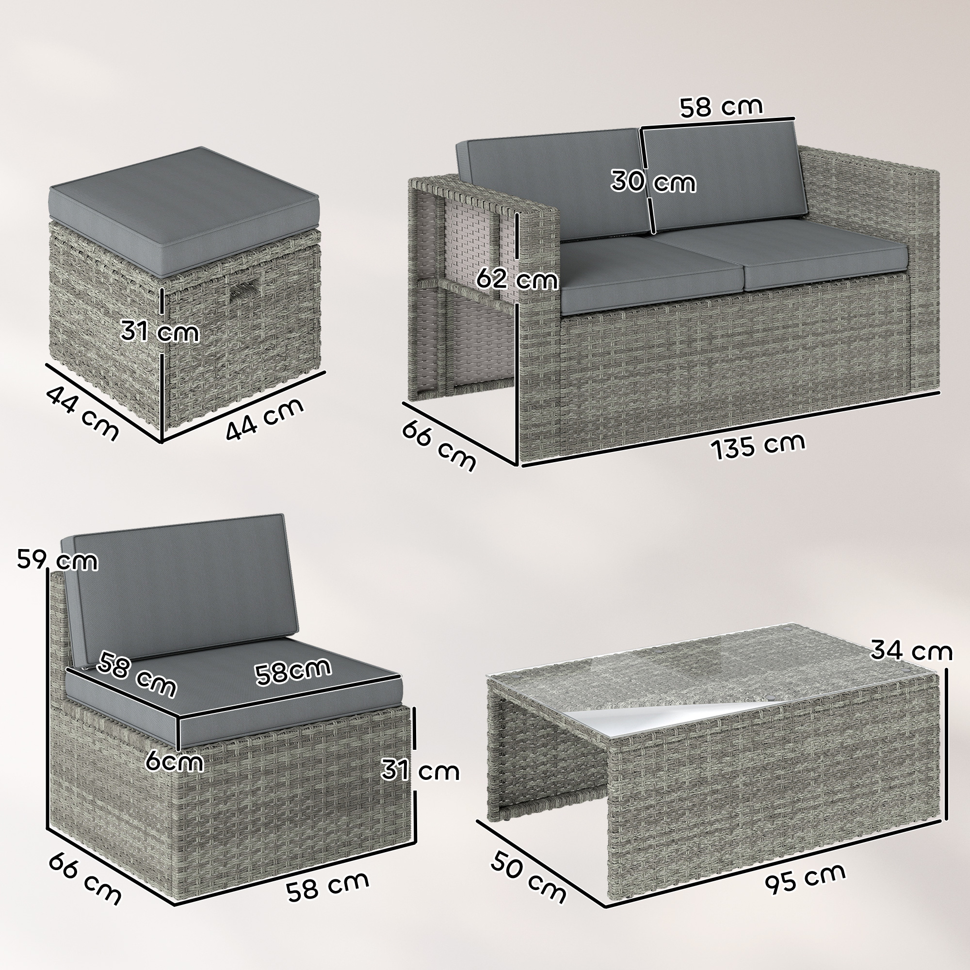  Set Exterior 6 Piese cu Canapea, 2 Scaune, Masa cu Blat din Sticla si 2 Suporturi pentru Picioare, Gri inchis [2]
