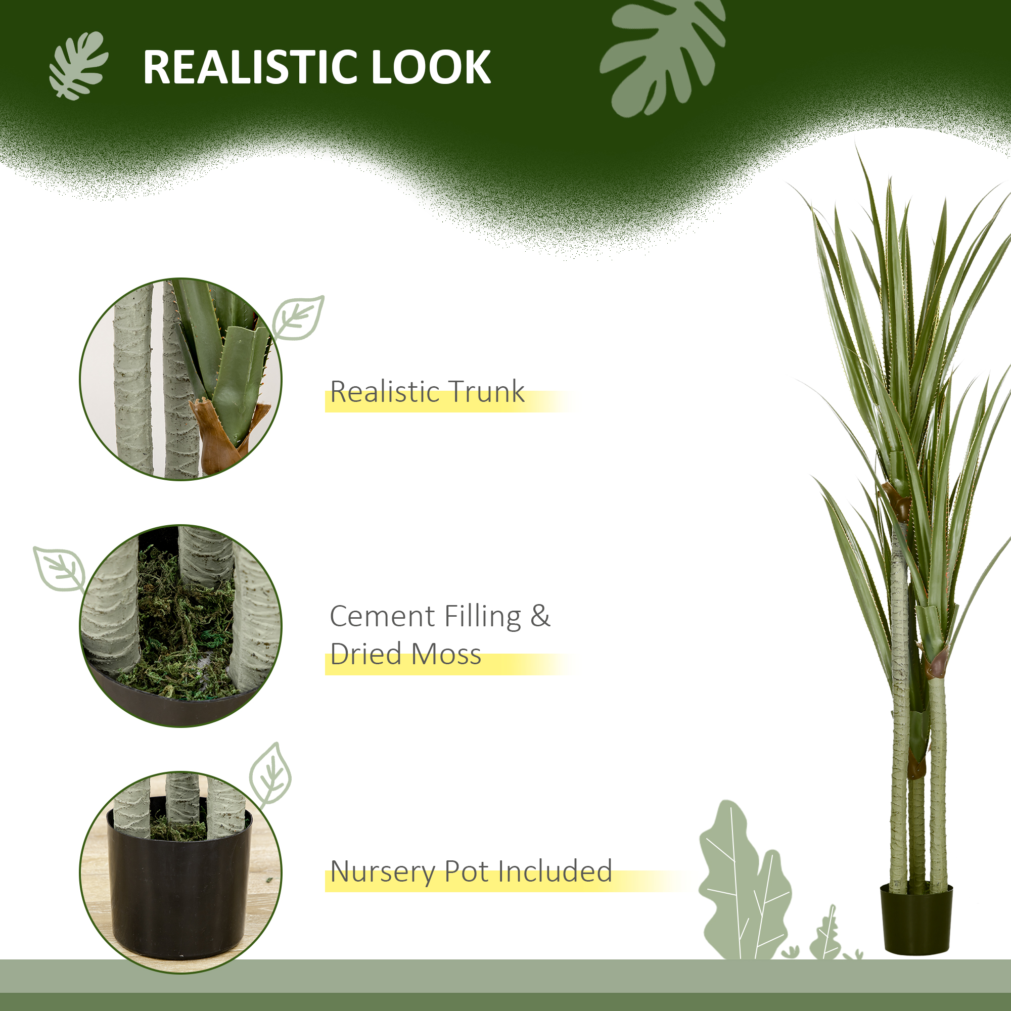 Yucca Artificiala 190cm Planta Artificiala cu 39 Frunze Decoratiune pentru Casa Living Birou Gradina Ø17x190 cm Verde [3]